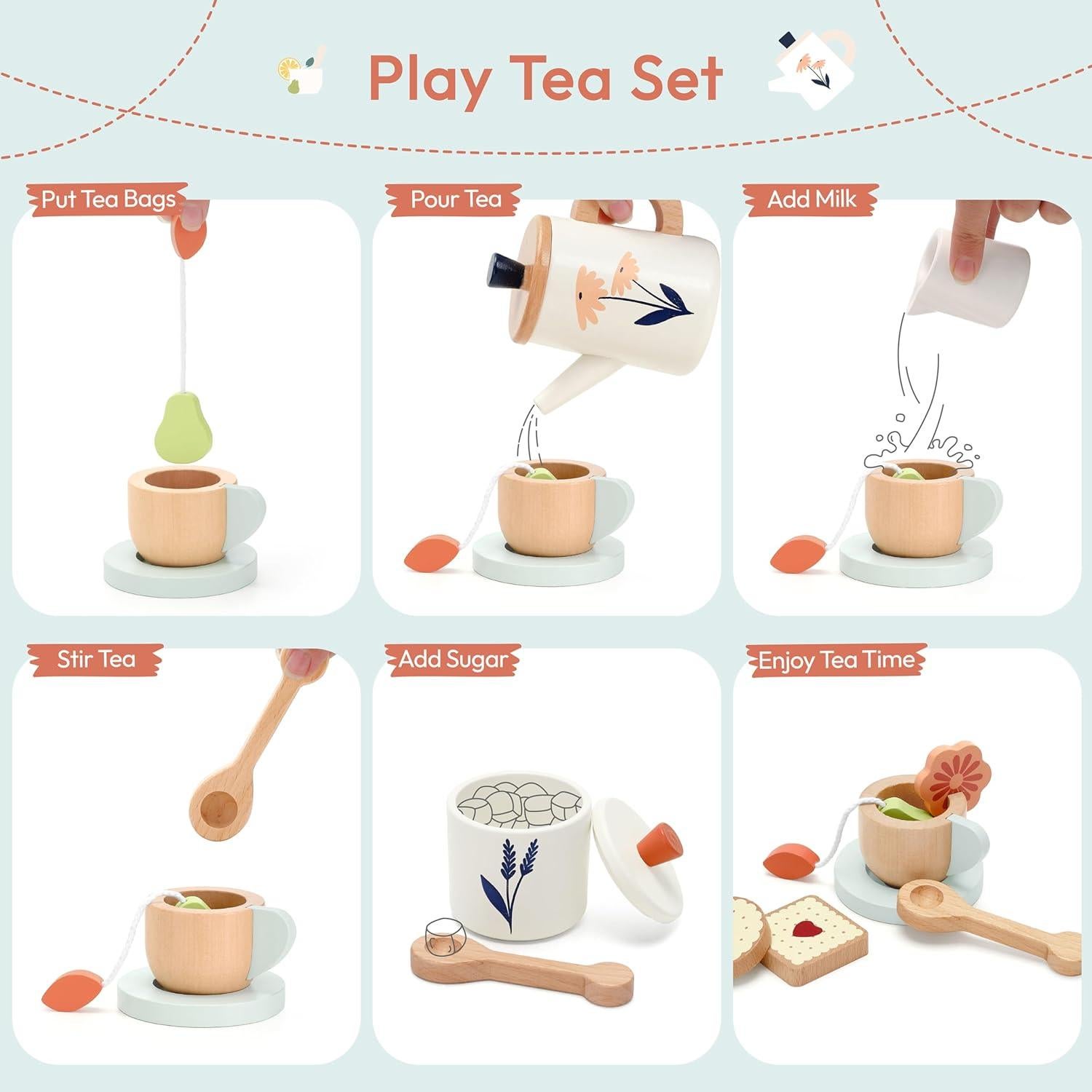 Juego de Té de Madera KizKnows 17 Piezas para Niños 3+