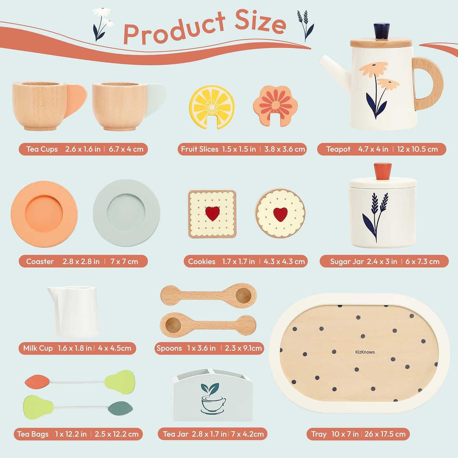 Juego de Té de Madera KizKnows 17 Piezas para Niños 3+