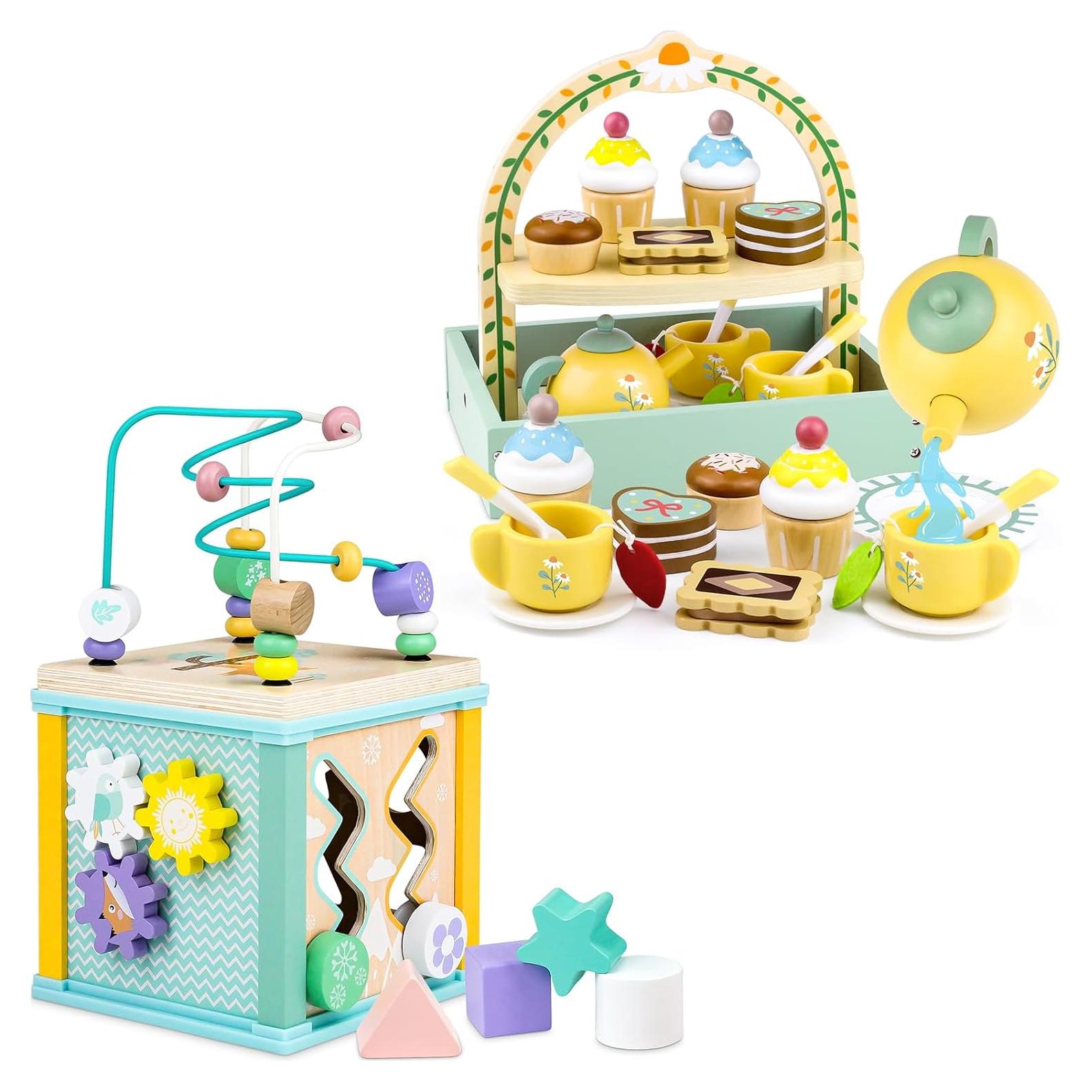 Juego de Té de Madera Montessori con Cubo de Actividades