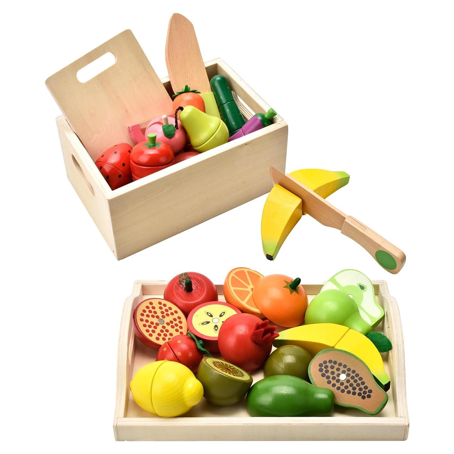 Set de Comida de Madera para Niños - 9 Frutas y Verduras Cortables