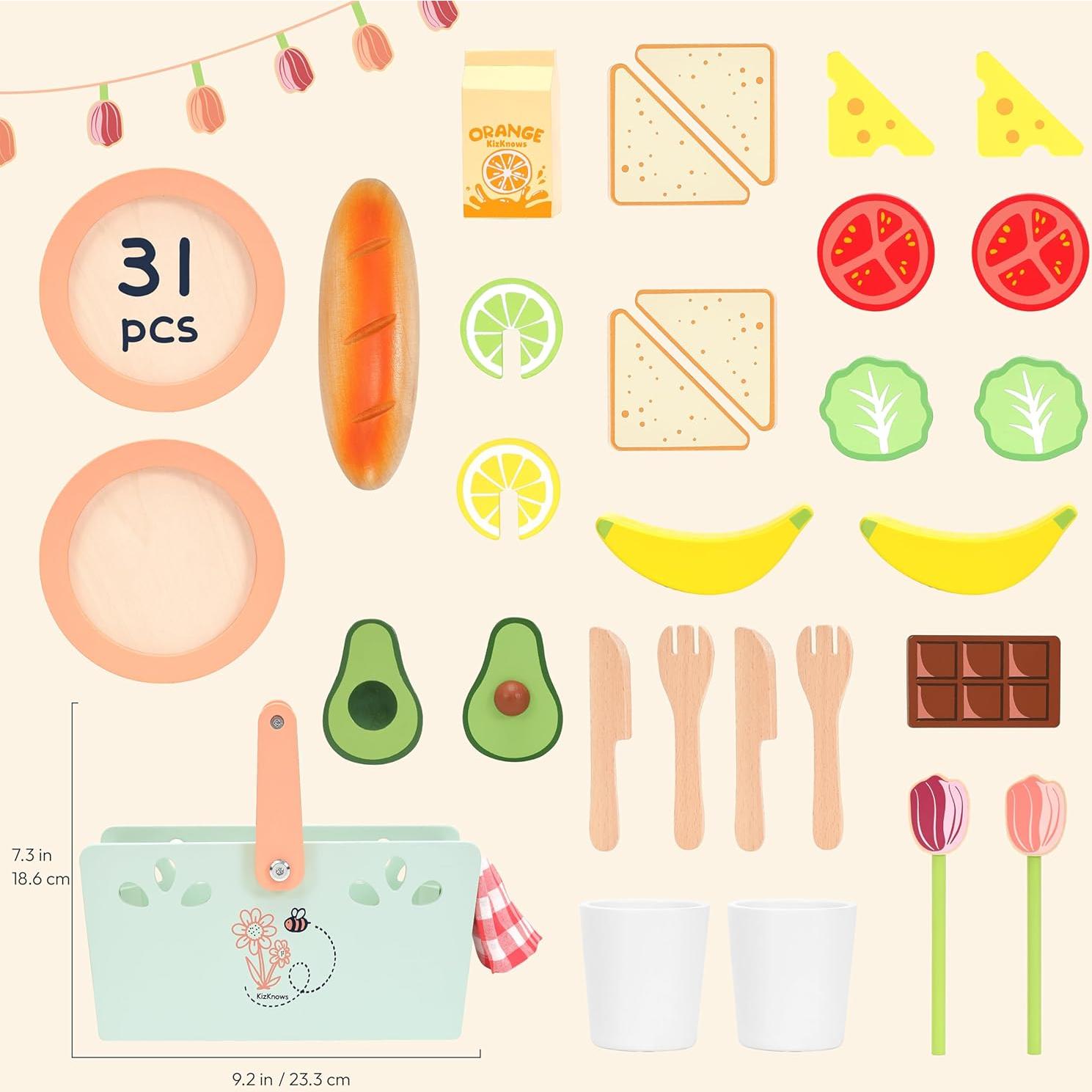 Juego de Picnic de Madera KizKnows 31 Piezas para Niños 3+