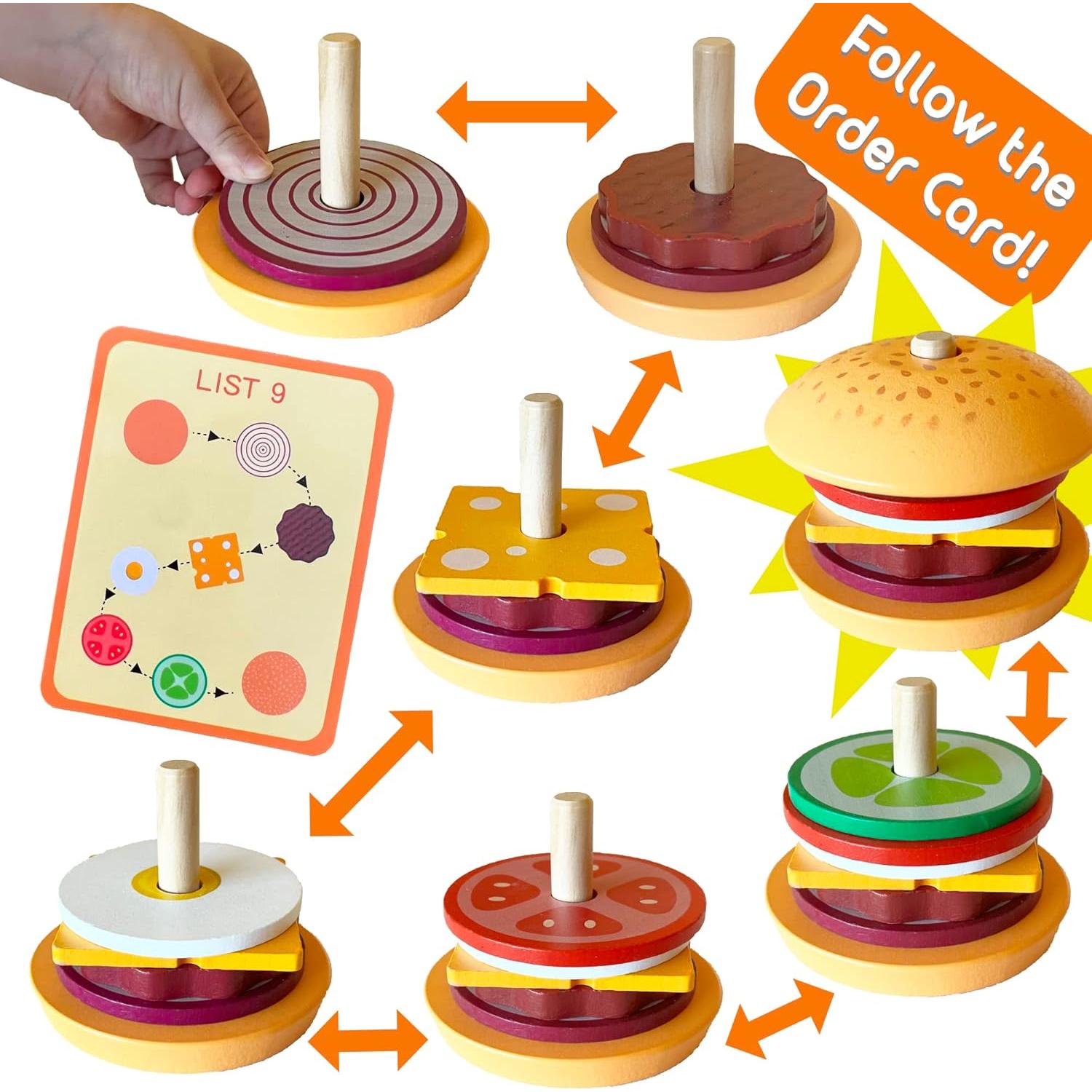 Juguete Apilable Hamburguesa de Madera Montessori Mama - 10 Tarjetas