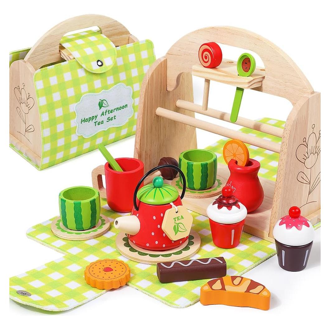 Juego de Té de Madera Jaunty para Niñas 3-5 Años con Estuche