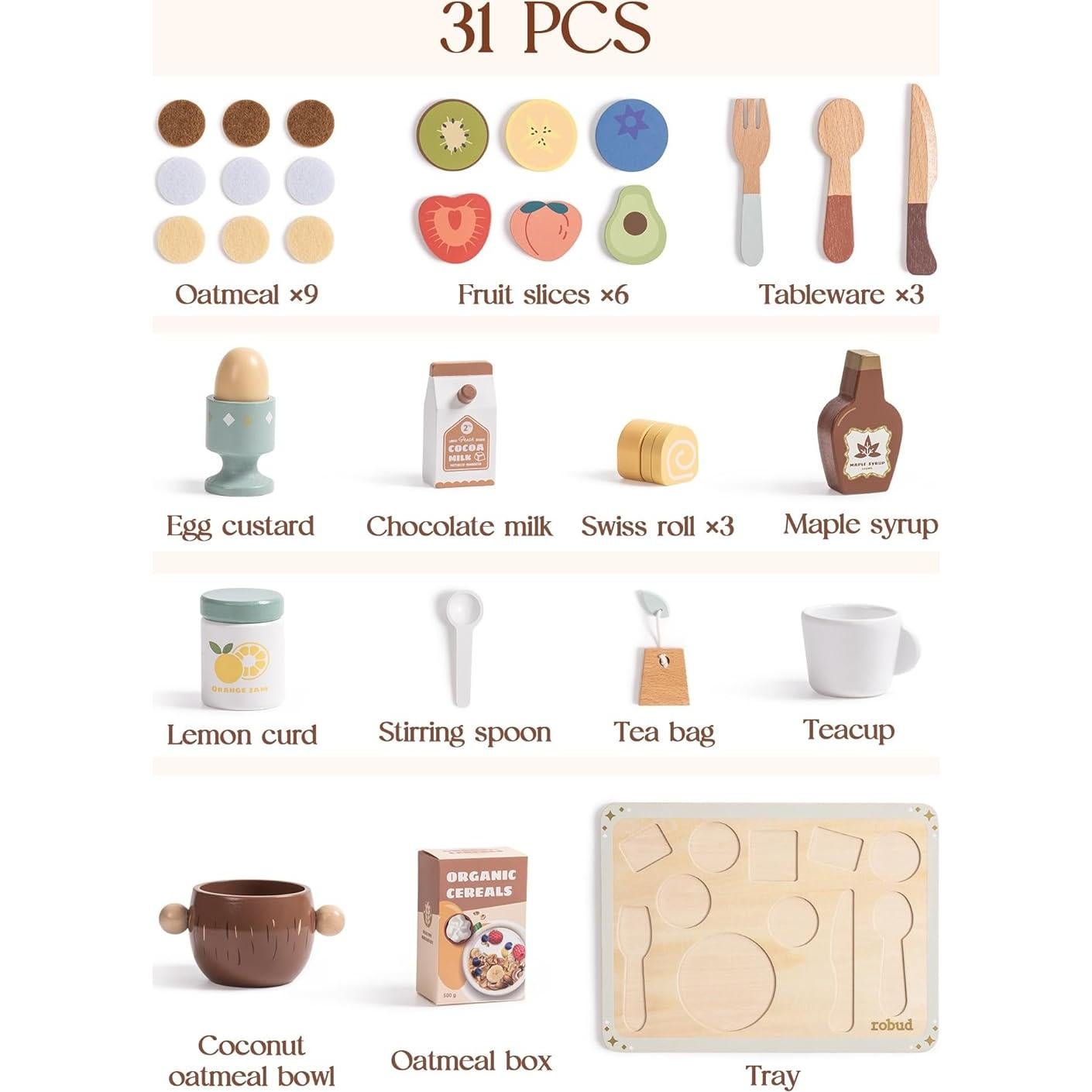 Juego de Comida de Madera ROBUD 31 Piezas para Niños