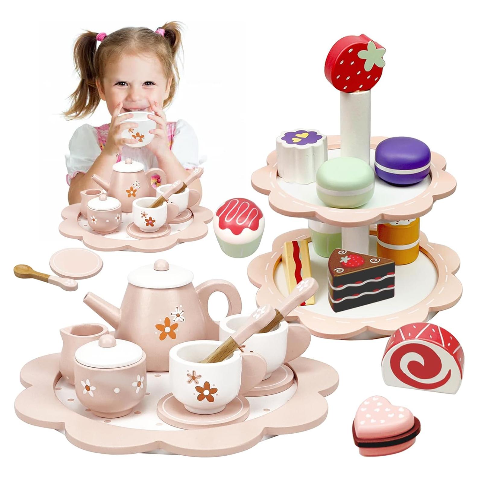 Juego de Té de Madera 25 Piezas para Niños 2-6 Años