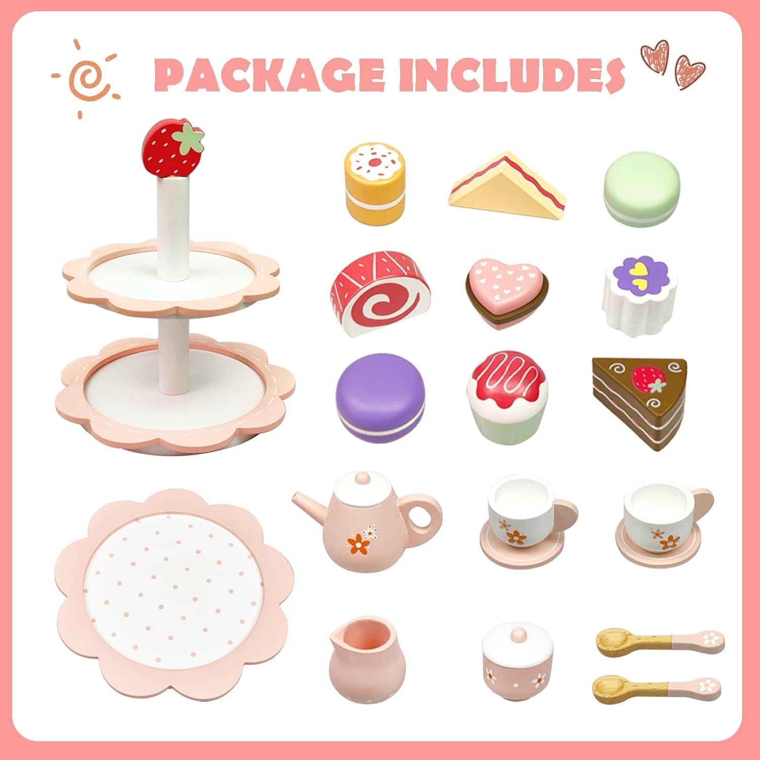 Juego de Té de Madera 25 Piezas para Niños 2-6 Años