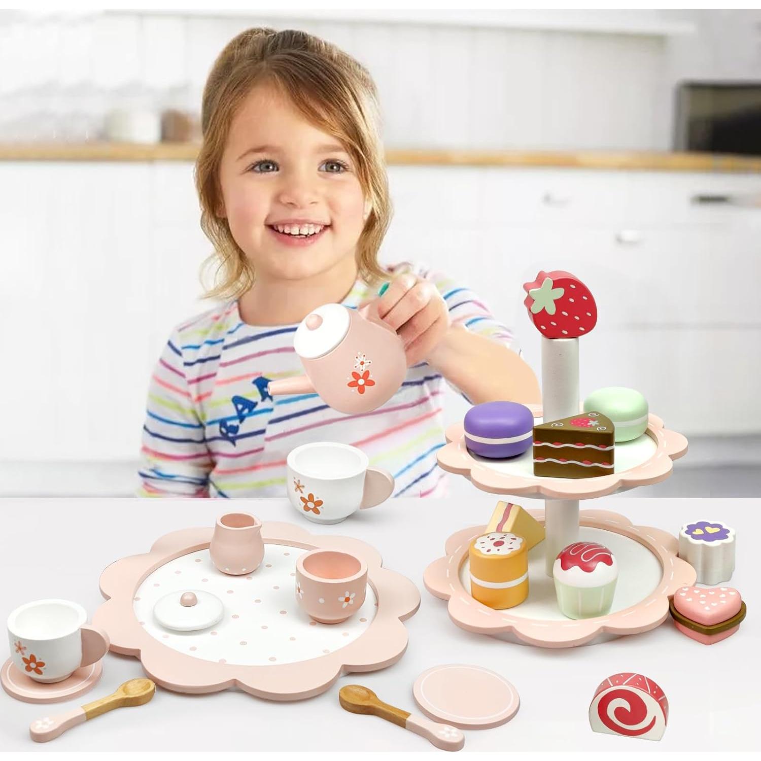 Juego de Té de Madera 25 Piezas para Niños 2-6 Años