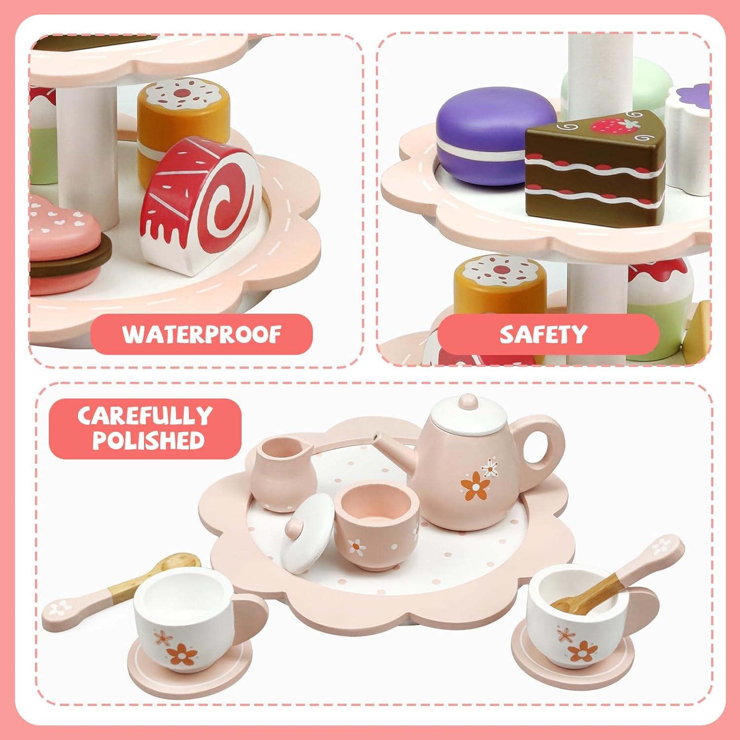 Juego de Té de Madera 25 Piezas para Niños 2-6 Años