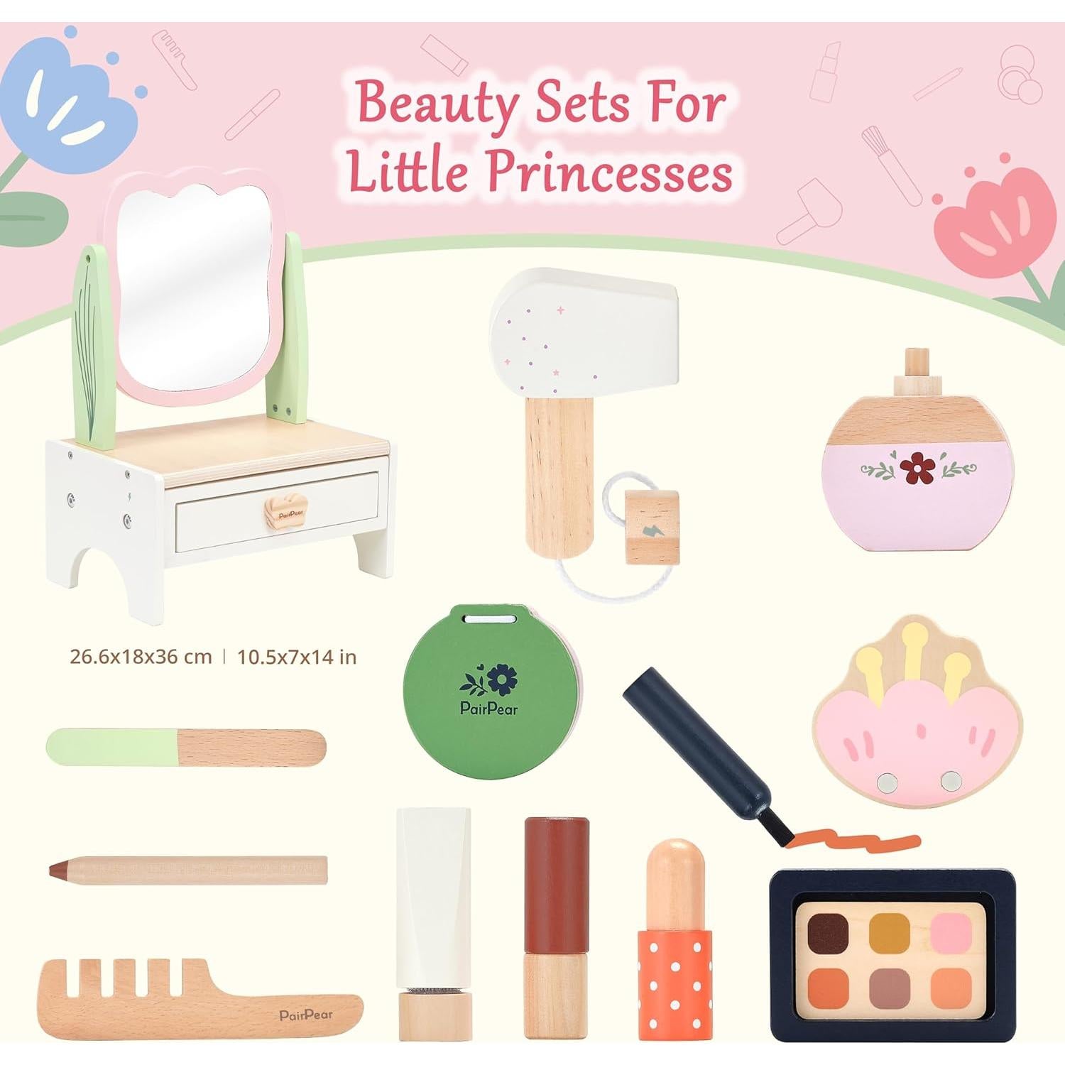 Juego de tocador de madera PairPear con espejo 19 piezas