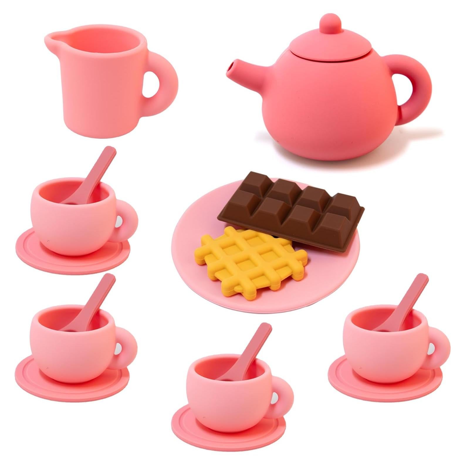 Juego de Té de Silicona Rosa para Niños - 4 Tazas y Tetera