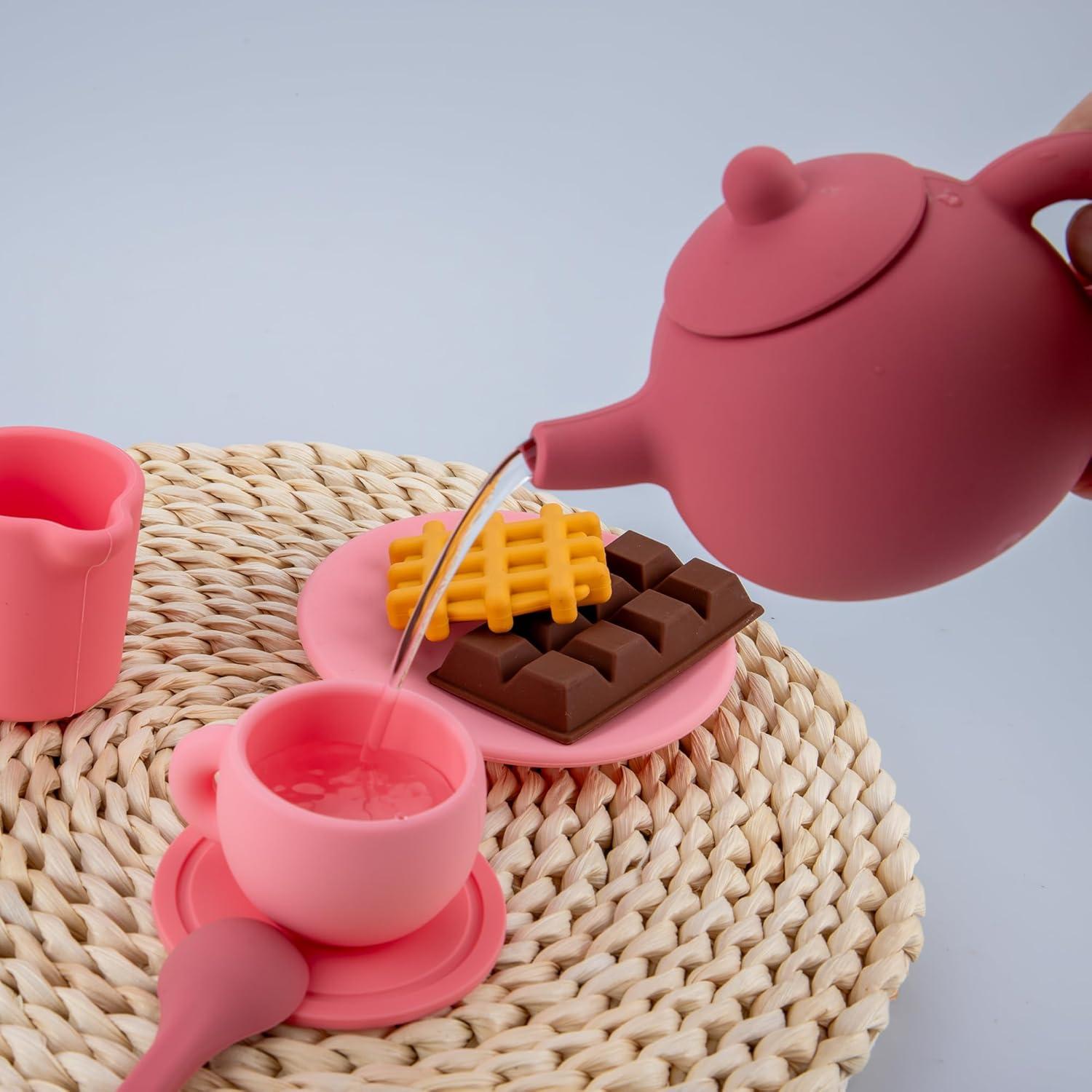 Juego de Té de Silicona Rosa para Niños - 4 Tazas y Tetera