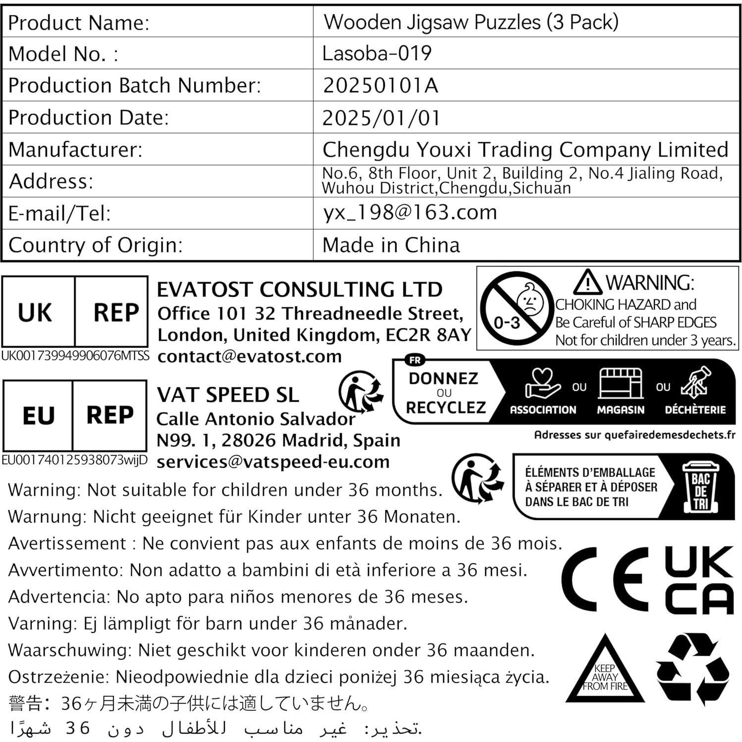 Rompecabezas de Madera Montessori Lasoba para Niños 3-6 Años