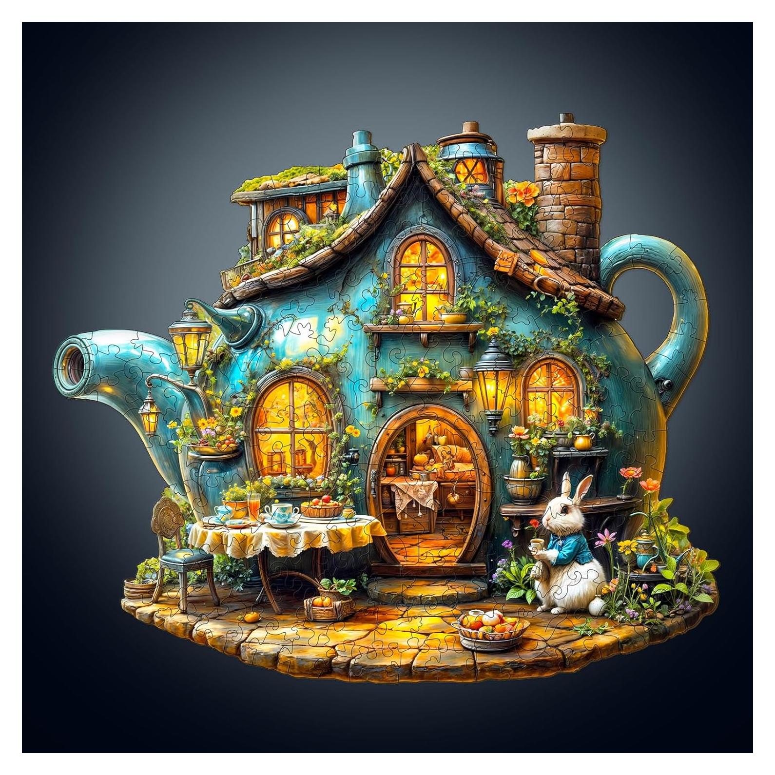 WOODBESTS Wooden Puzzles for Adults, Rabbit's Teapot Wood Puzzles Adult(90 Pieces, S, 8.5 * 7.2in), Unique Shape Wooden Animal Jigsaw Puzzles, Birthday Gifts for Adults Family Game