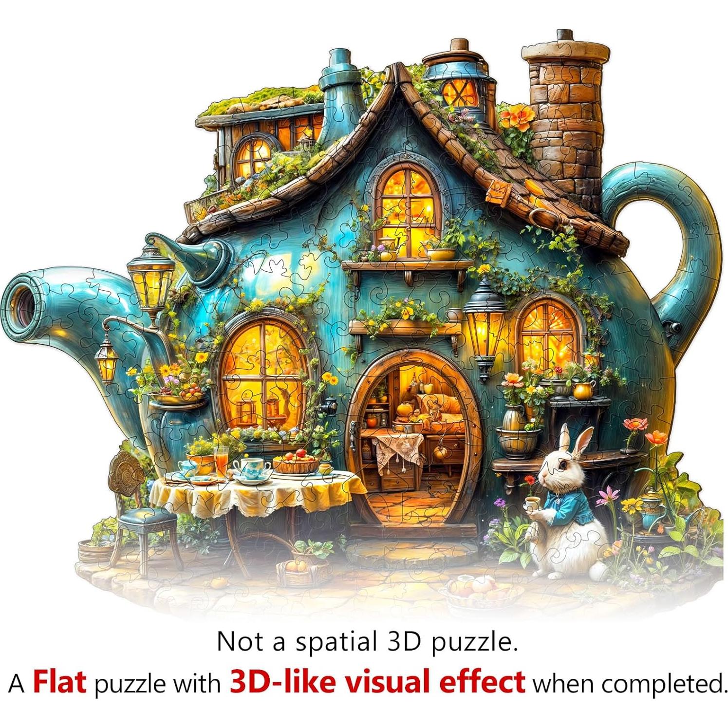 WOODBESTS Wooden Puzzles for Adults, Rabbit's Teapot Wood Puzzles Adult(90 Pieces, S, 8.5 * 7.2in), Unique Shape Wooden Animal Jigsaw Puzzles, Birthday Gifts for Adults Family Game