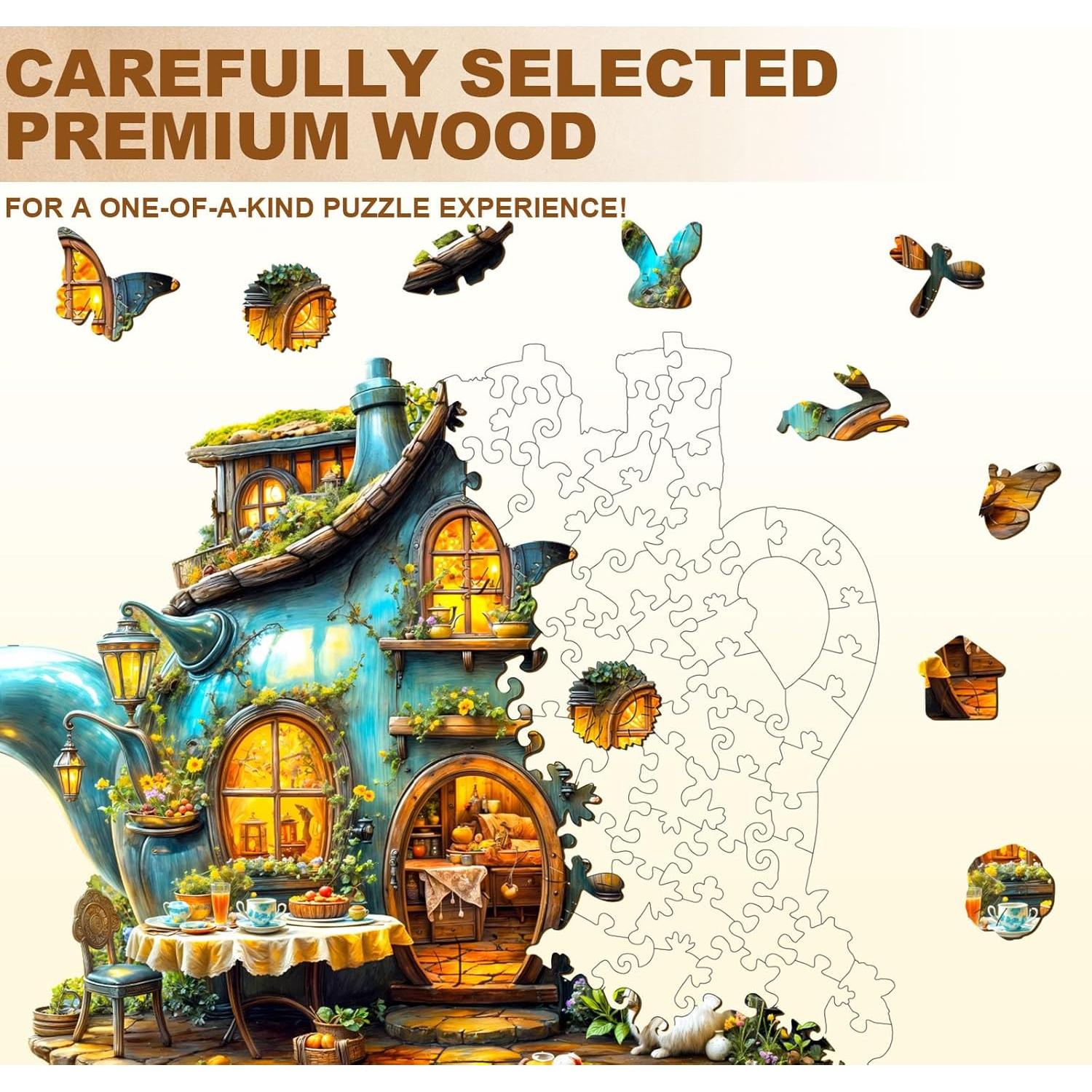 WOODBESTS Wooden Puzzles for Adults, Rabbit's Teapot Wood Puzzles Adult(90 Pieces, S, 8.5 * 7.2in), Unique Shape Wooden Animal Jigsaw Puzzles, Birthday Gifts for Adults Family Game