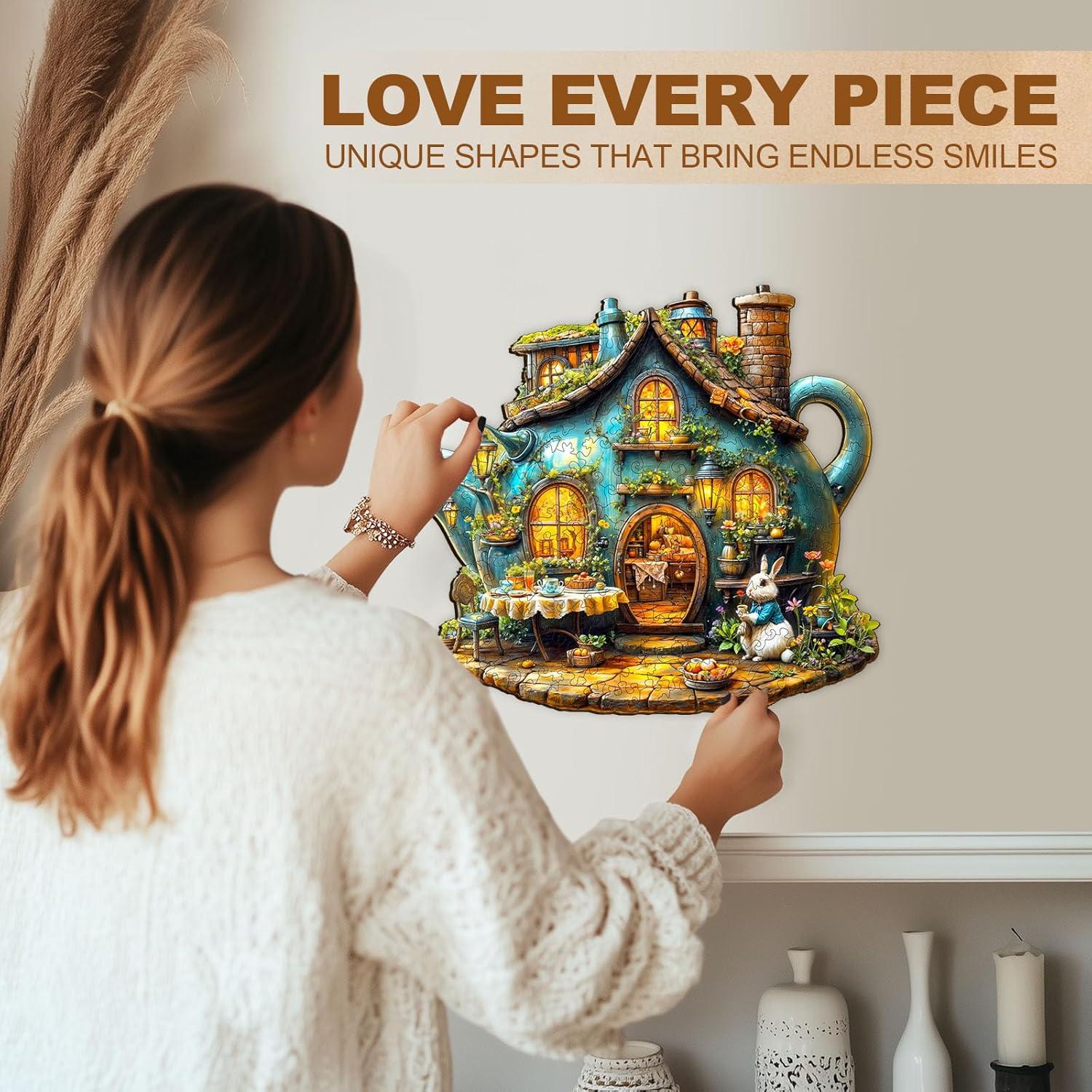 WOODBESTS Wooden Puzzles for Adults, Rabbit's Teapot Wood Puzzles Adult(90 Pieces, S, 8.5 * 7.2in), Unique Shape Wooden Animal Jigsaw Puzzles, Birthday Gifts for Adults Family Game