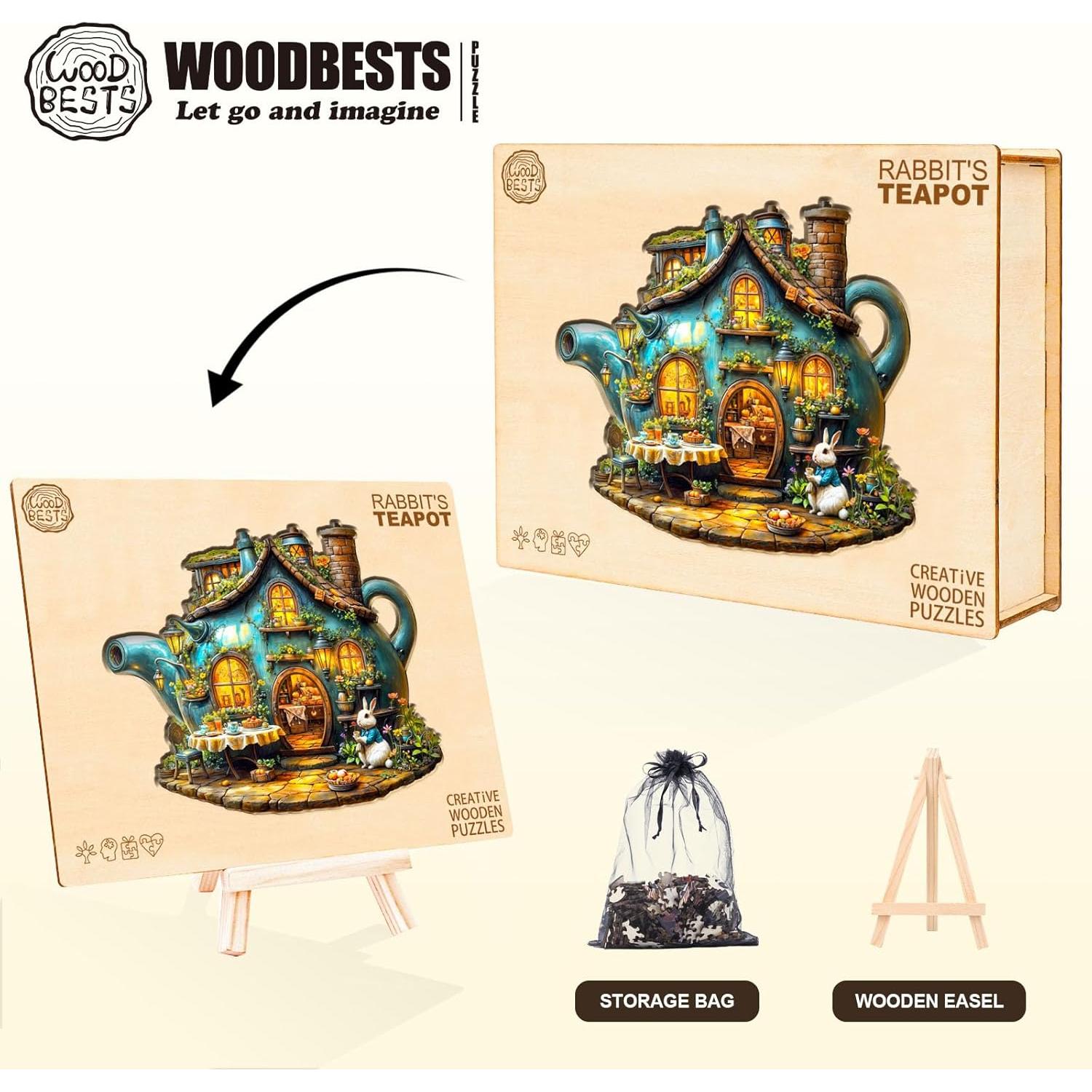 WOODBESTS Wooden Puzzles for Adults, Rabbit's Teapot Wood Puzzles Adult(90 Pieces, S, 8.5 * 7.2in), Unique Shape Wooden Animal Jigsaw Puzzles, Birthday Gifts for Adults Family Game