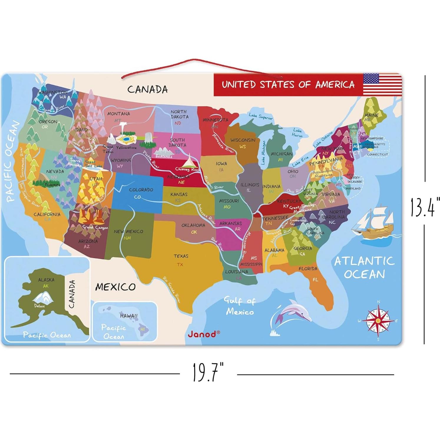 Mapa Magnético de EE. UU. Janod 50x34 cm 48 Piezas