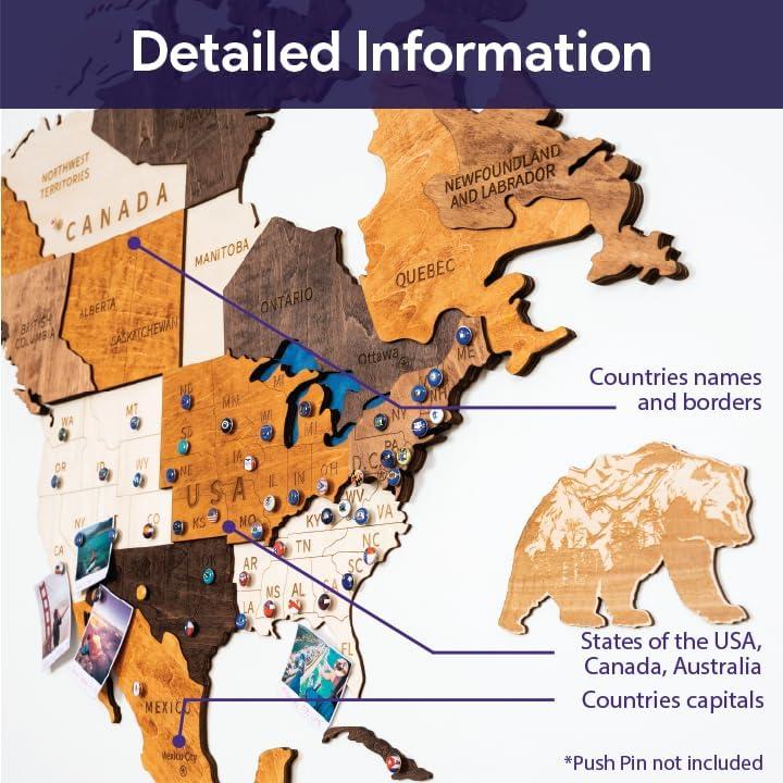 Mapa Mundi 3D de Madera HYPERI Grande Decoración Pared