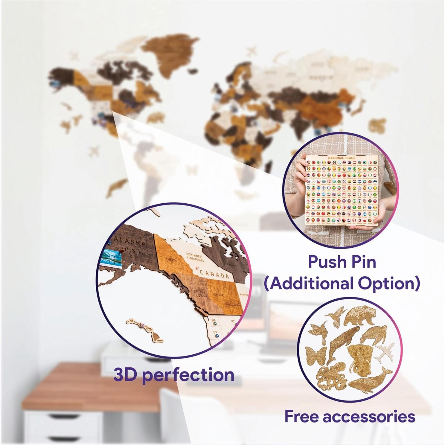 Mapa Mundi 3D de Madera HYPERI Grande Decoración Pared