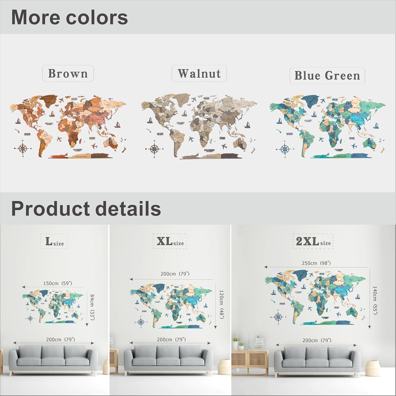 Mapa Mundial de Madera 3D Insulvuku - Decoración de Pared L