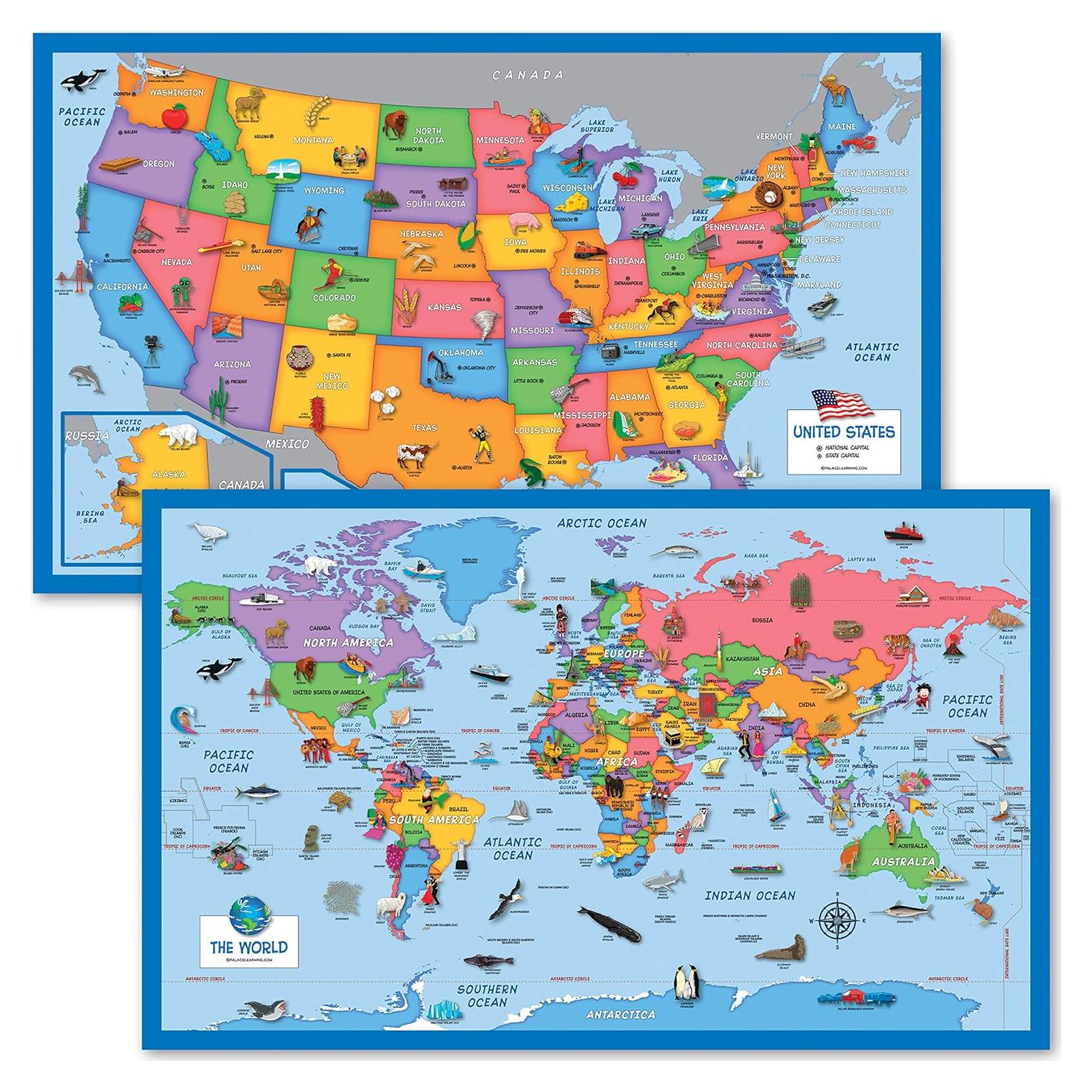 Conjunto de 2 Pósters Laminados Mapa del Mundo y EE. UU.