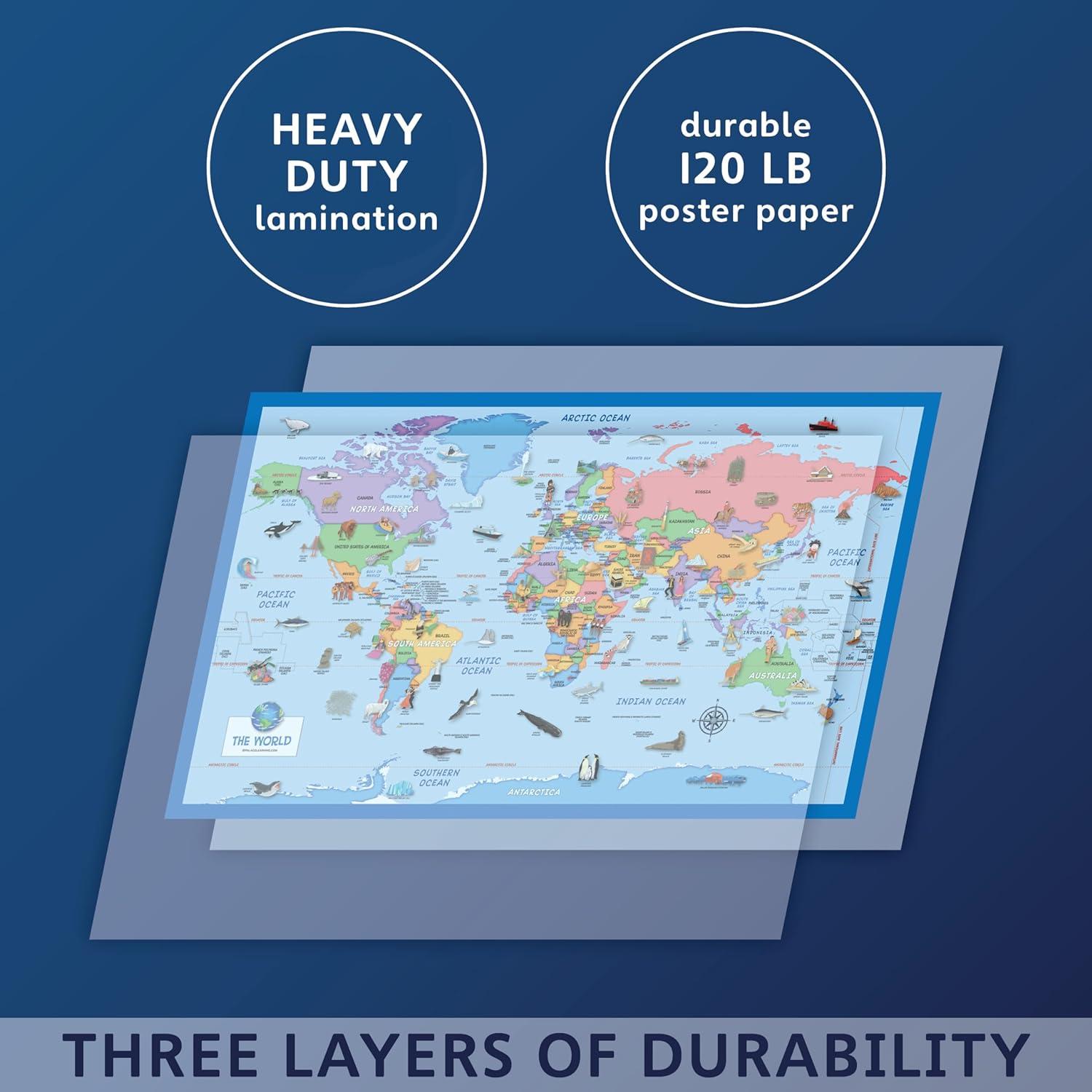 Conjunto de 2 Pósters Laminados Mapa del Mundo y EE. UU.