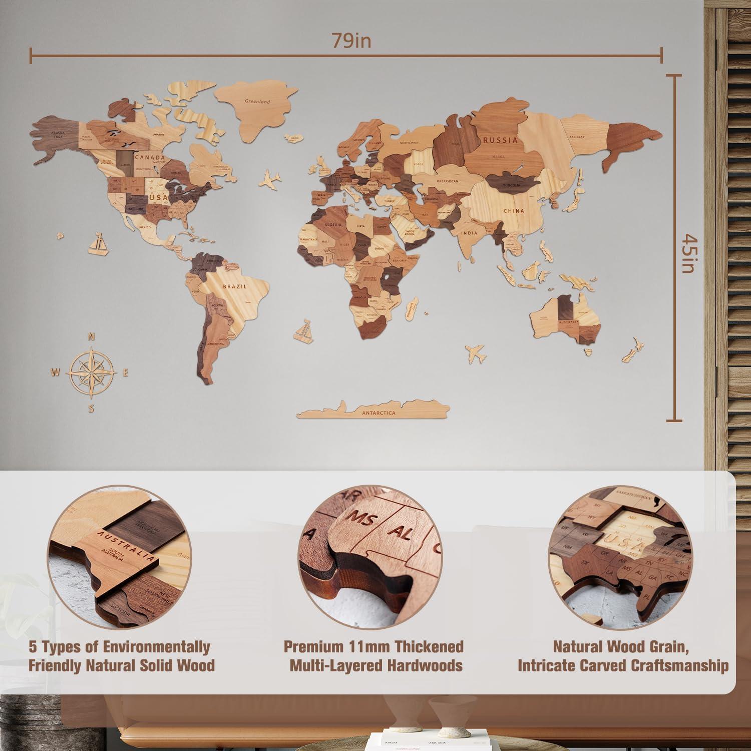 Mapa Mundial 3D de Madera Handiwoo XL - Decoración de Pared