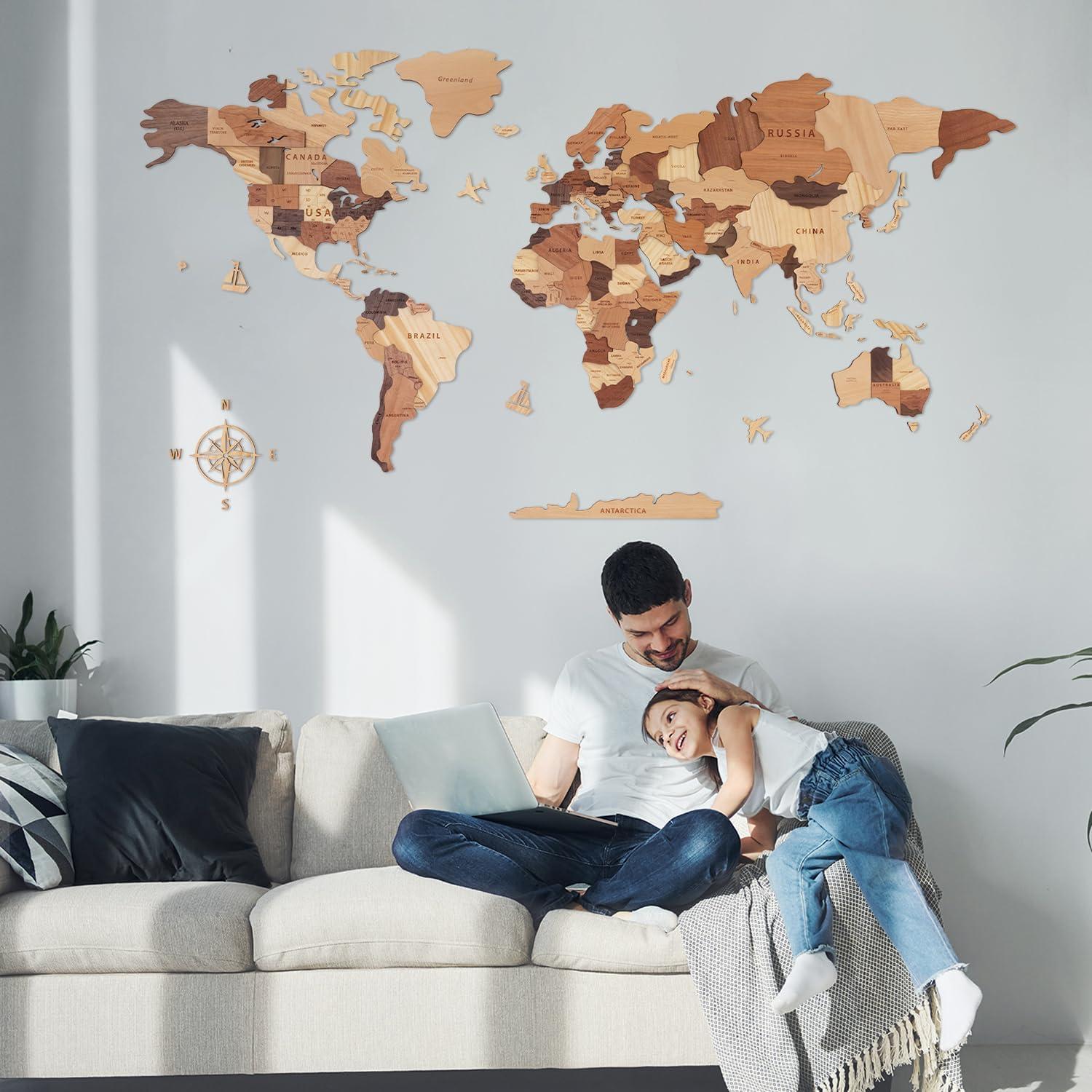 Mapa Mundial 3D de Madera Handiwoo XL - Decoración de Pared