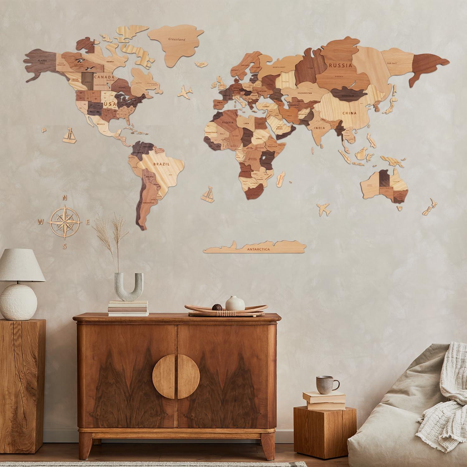 Mapa Mundial 3D de Madera Handiwoo XL - Decoración de Pared
