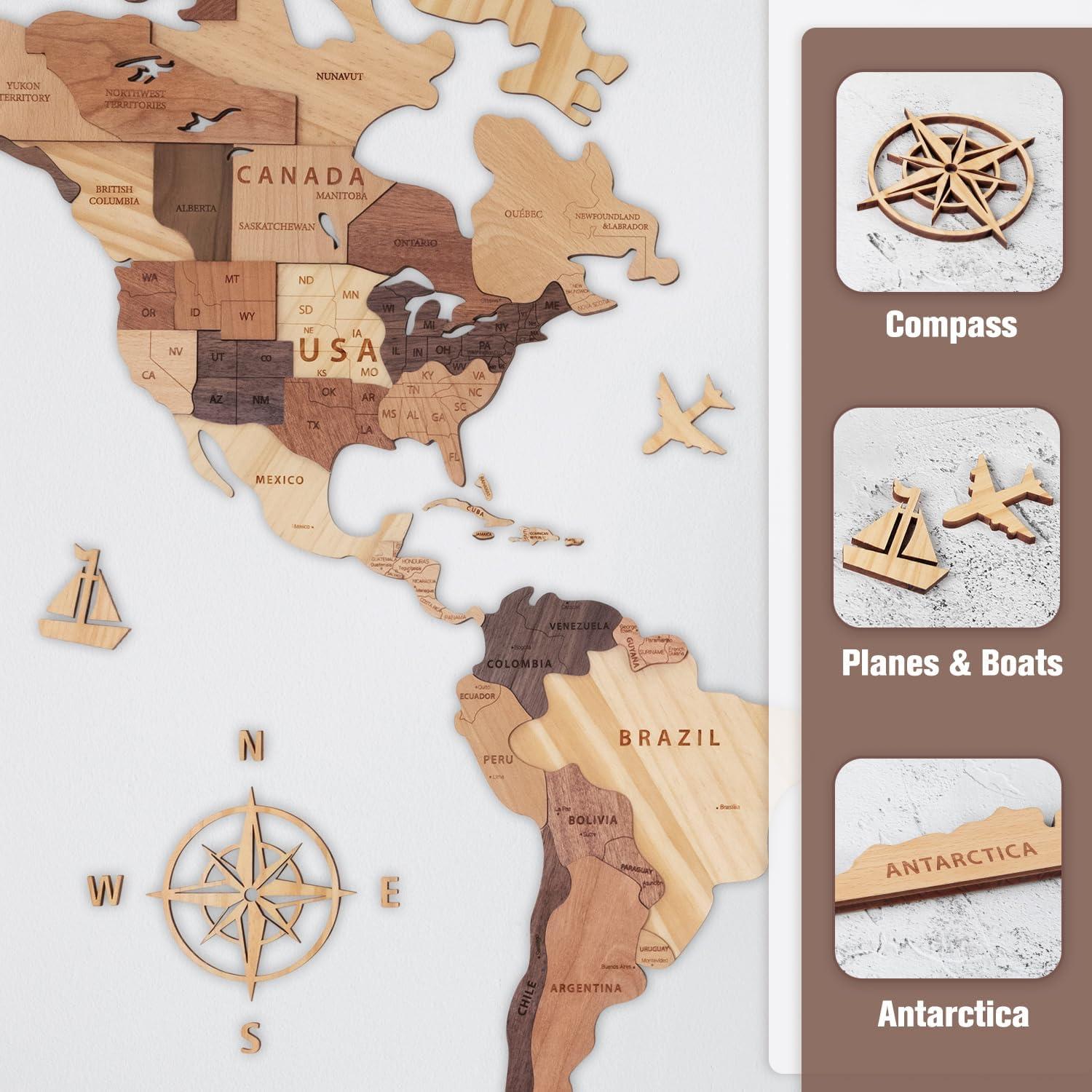 Mapa Mundial 3D de Madera Handiwoo XL - Decoración de Pared