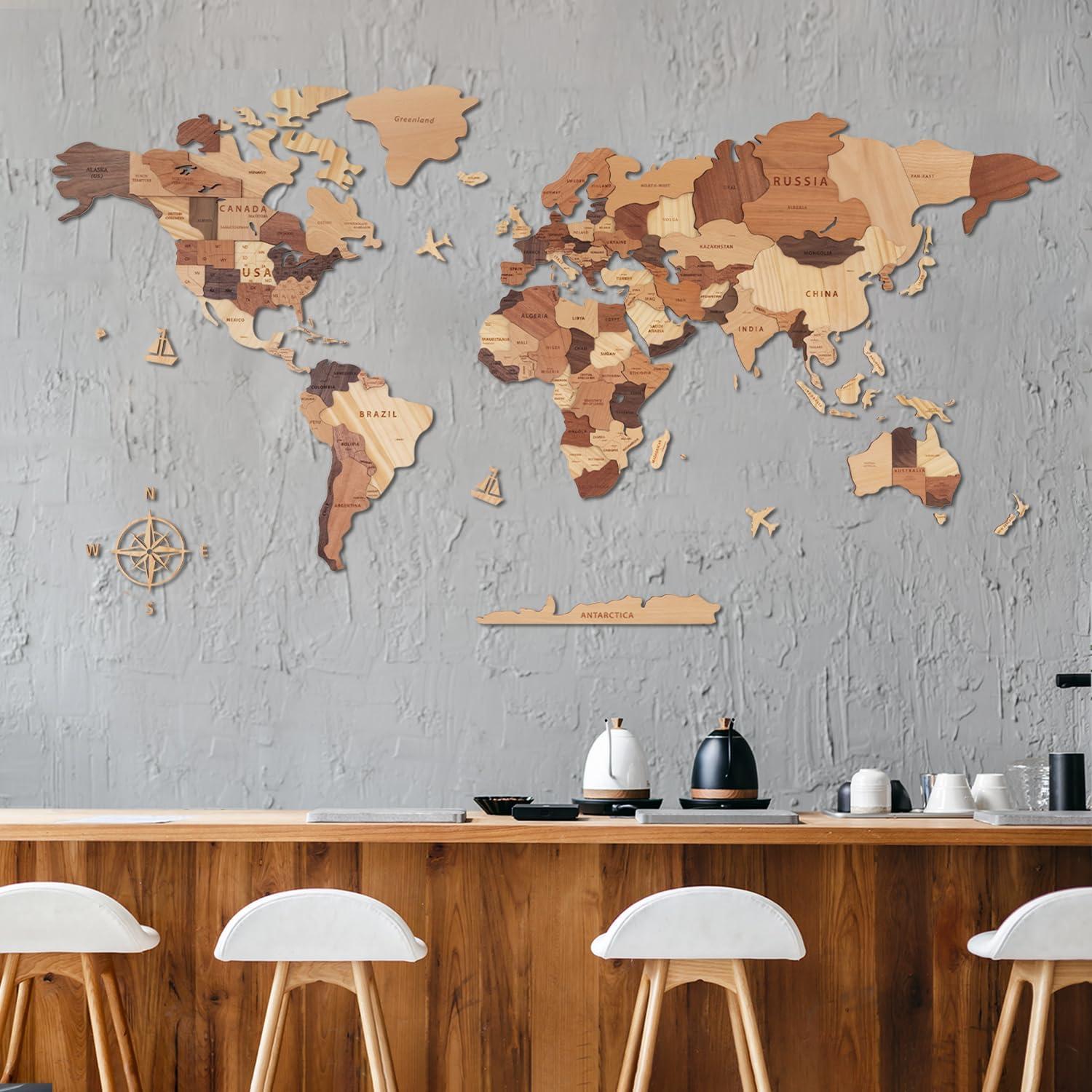 Mapa Mundial 3D de Madera Handiwoo XL - Decoración de Pared