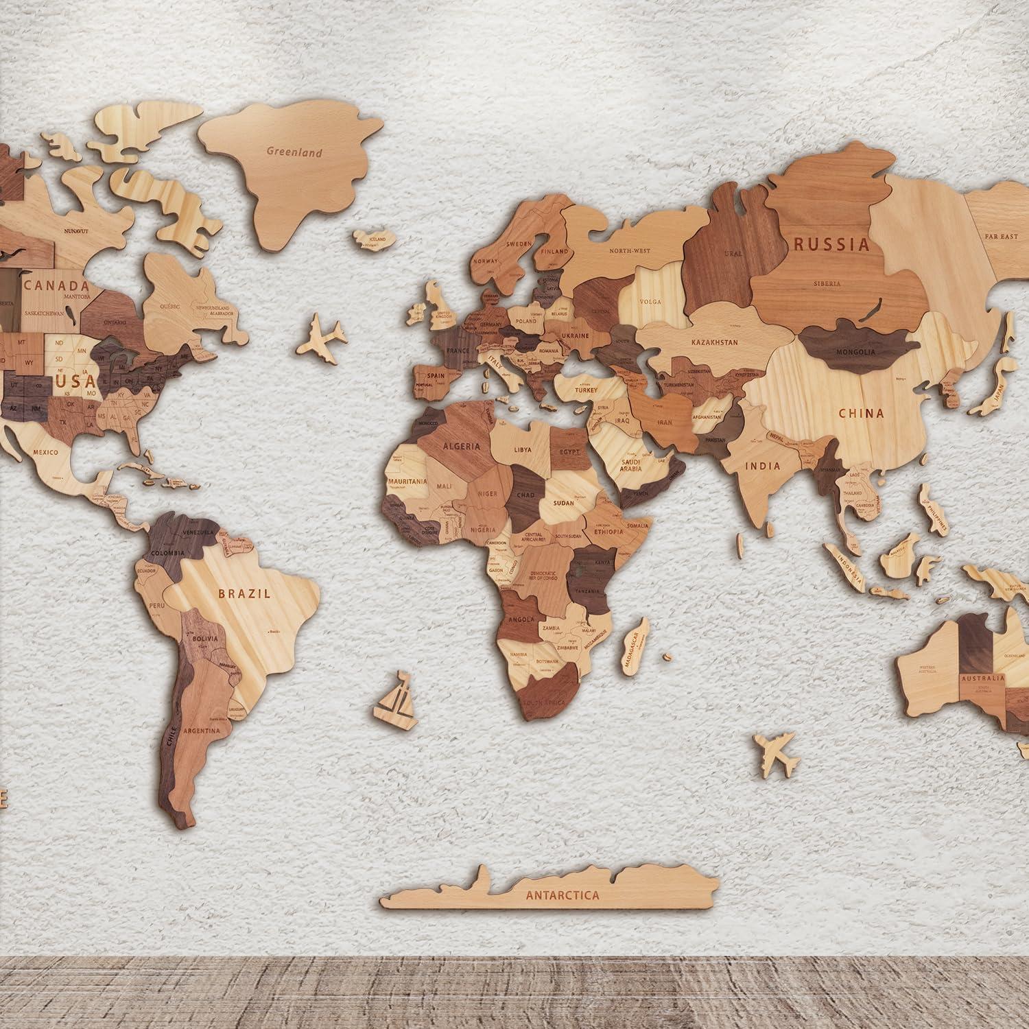 Mapa Mundial 3D de Madera Handiwoo XL - Decoración de Pared