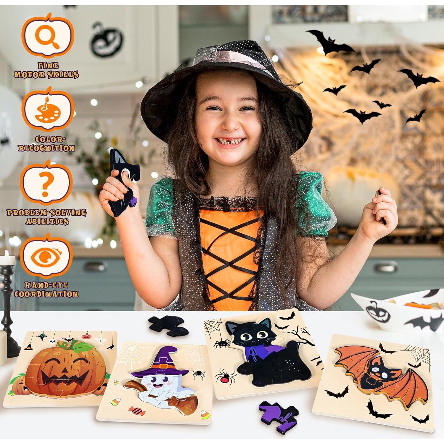 Paquete de 4 Rompecabezas de Madera Halloween Malhaii 14.7cm