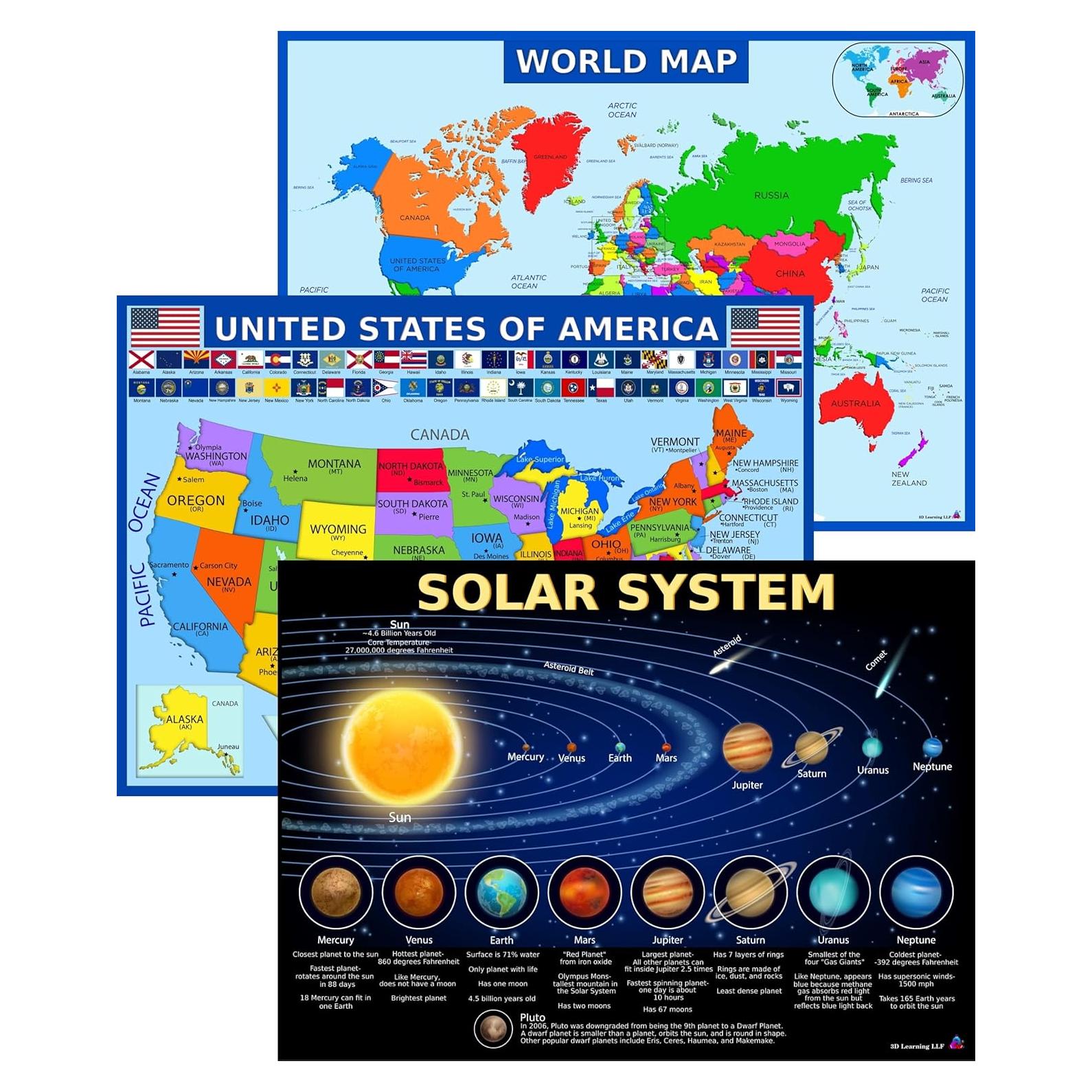 Set de Pósters Educativos 3D - Mapa del Mundo, EE.UU. y Sistema Solar - Laminado 35.56x49.53 cm - 3 Pósters para Aula y Hogar