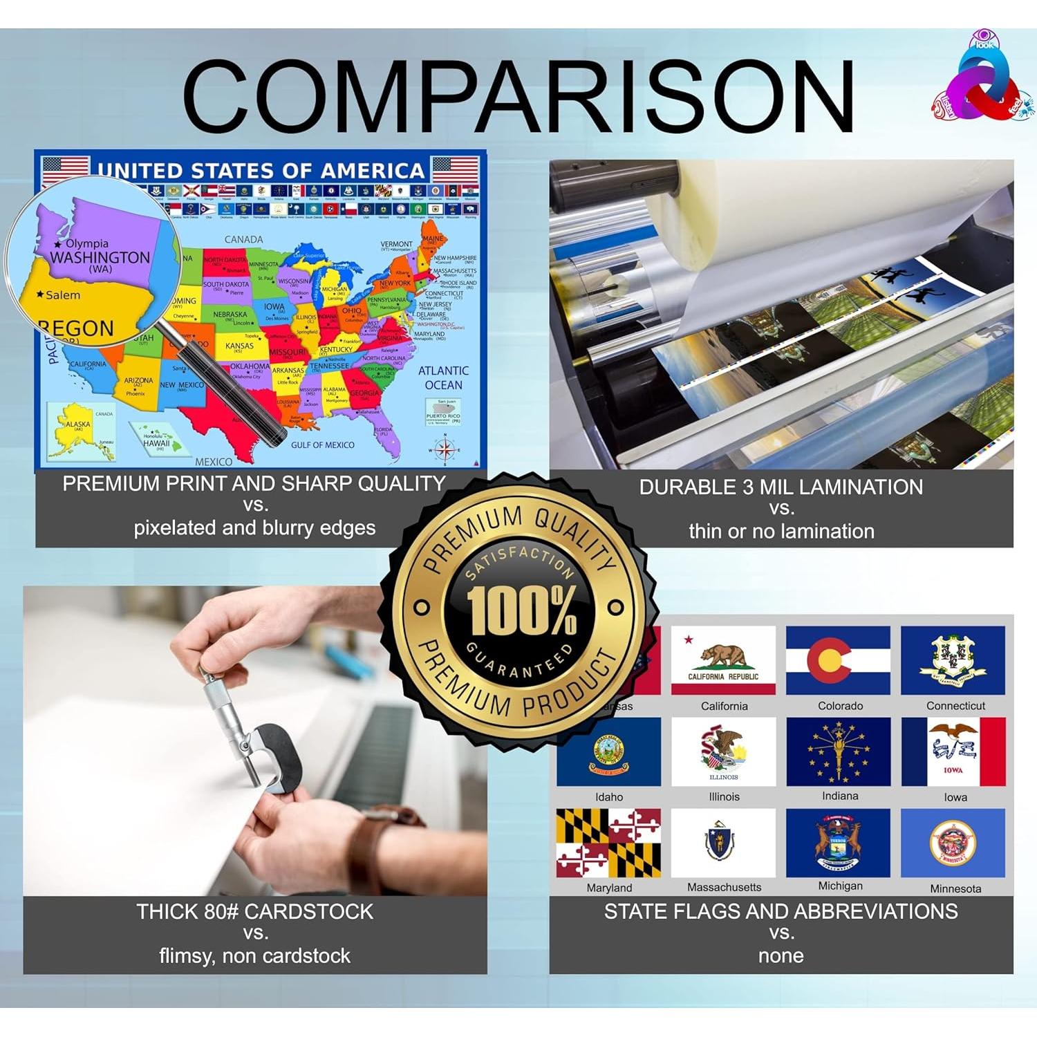 Set de Pósters Educativos 3D - Mapa del Mundo, EE.UU. y Sistema Solar - Laminado 35.56x49.53 cm - 3 Pósters para Aula y Hogar