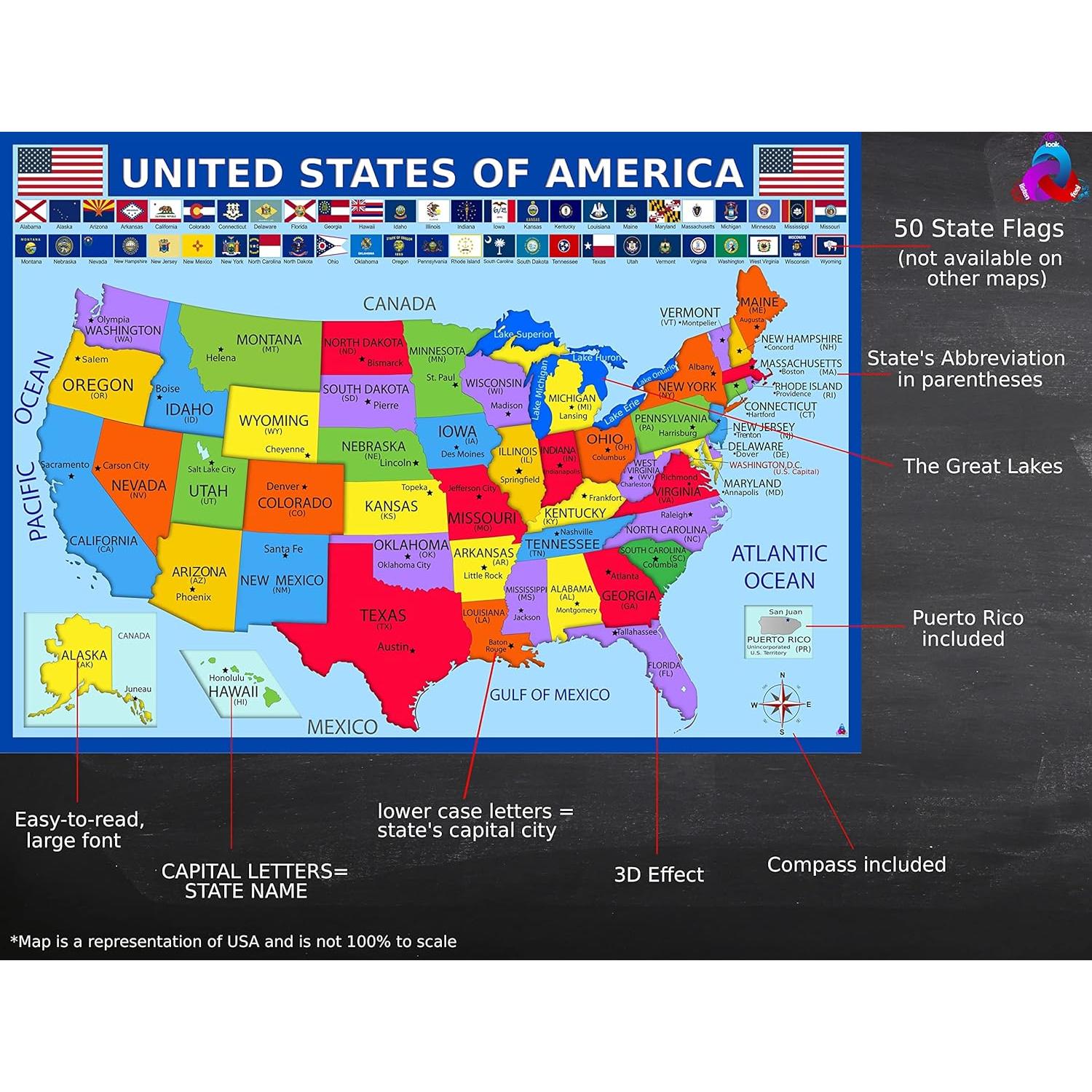 Set de Pósters Educativos 3D - Mapa del Mundo, EE.UU. y Sistema Solar - Laminado 35.56x49.53 cm - 3 Pósters para Aula y Hogar