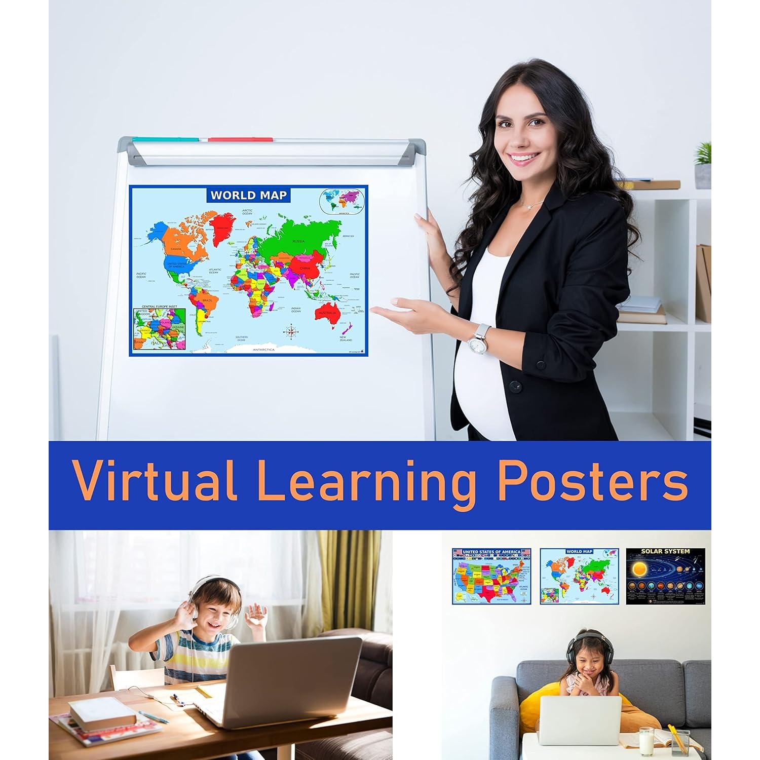 Set de Pósters Educativos 3D - Mapa del Mundo, EE.UU. y Sistema Solar - Laminado 35.56x49.53 cm - 3 Pósters para Aula y Hogar