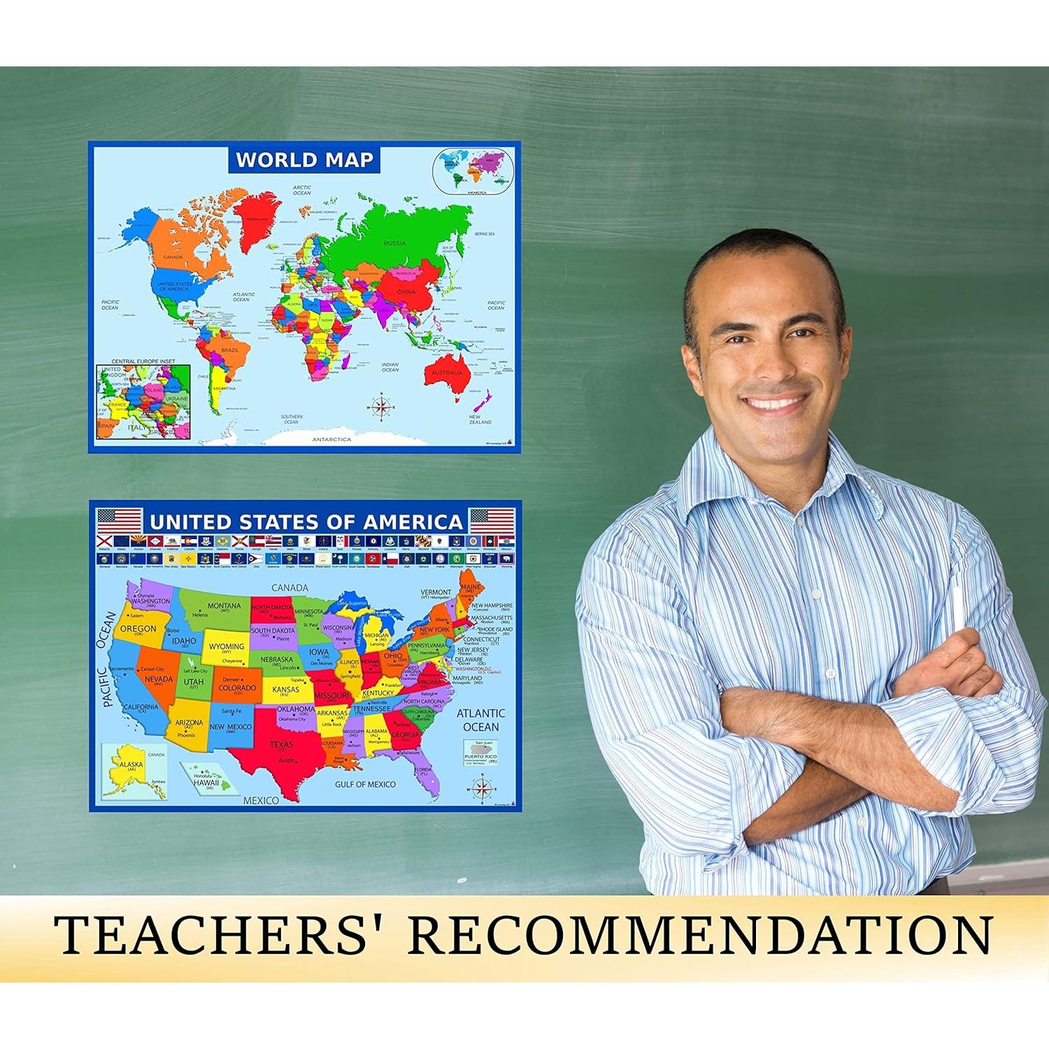 Set de Pósters Educativos 3D - Mapa del Mundo, EE.UU. y Sistema Solar - Laminado 35.56x49.53 cm - 3 Pósters para Aula y Hogar