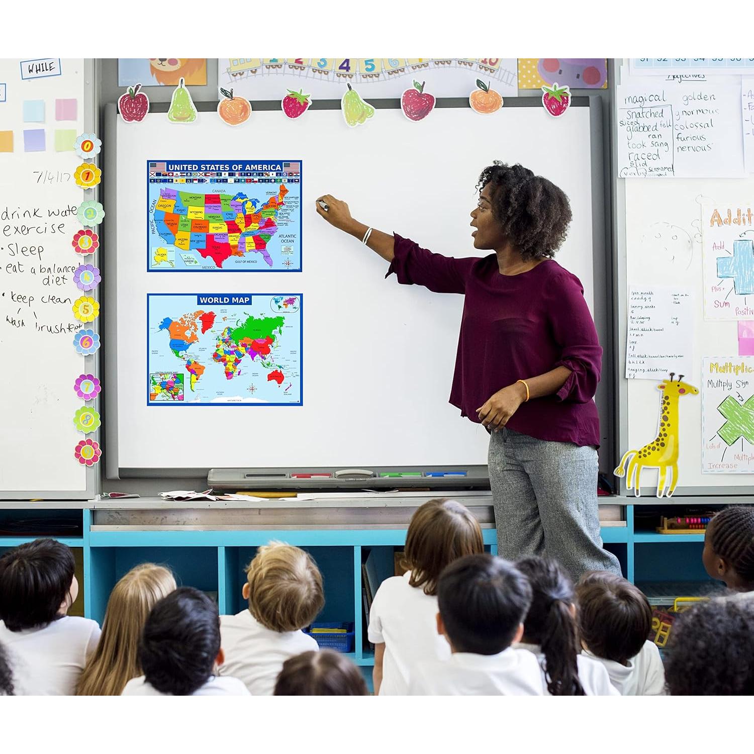 Set de Pósters Educativos 3D - Mapa del Mundo, EE.UU. y Sistema Solar - Laminado 35.56x49.53 cm - 3 Pósters para Aula y Hogar