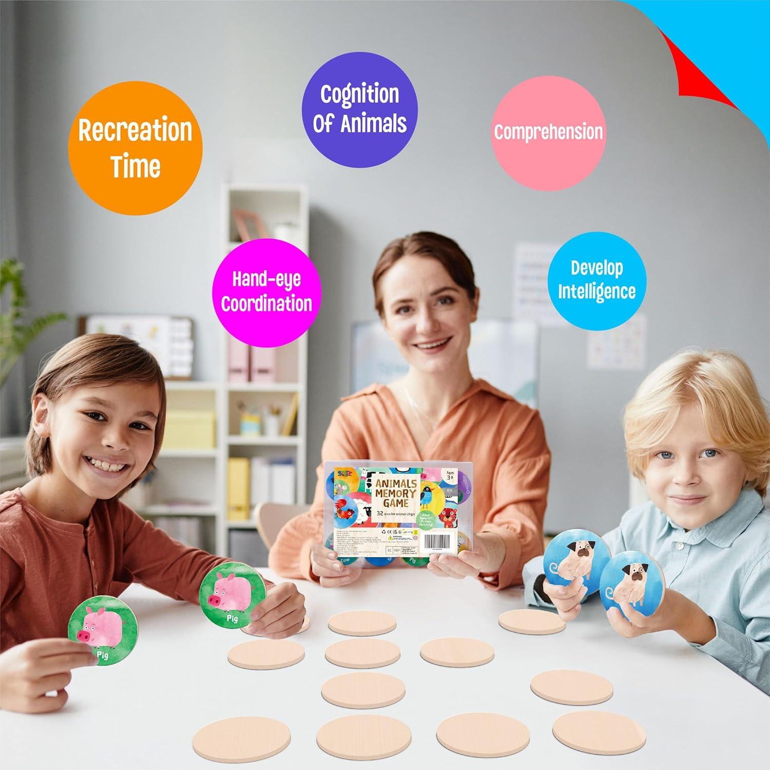 Juego de Memoria de Madera SpriteGru 32 PZS Animales 5.3 cm