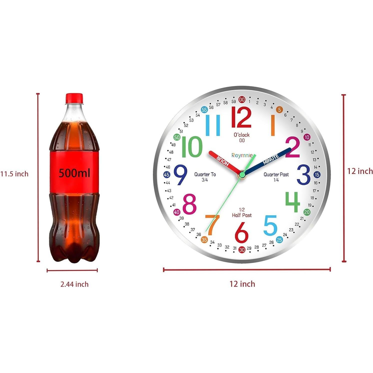 Reloj de Pared Silencioso Roymnie 30.48 cm Colorido para Niños