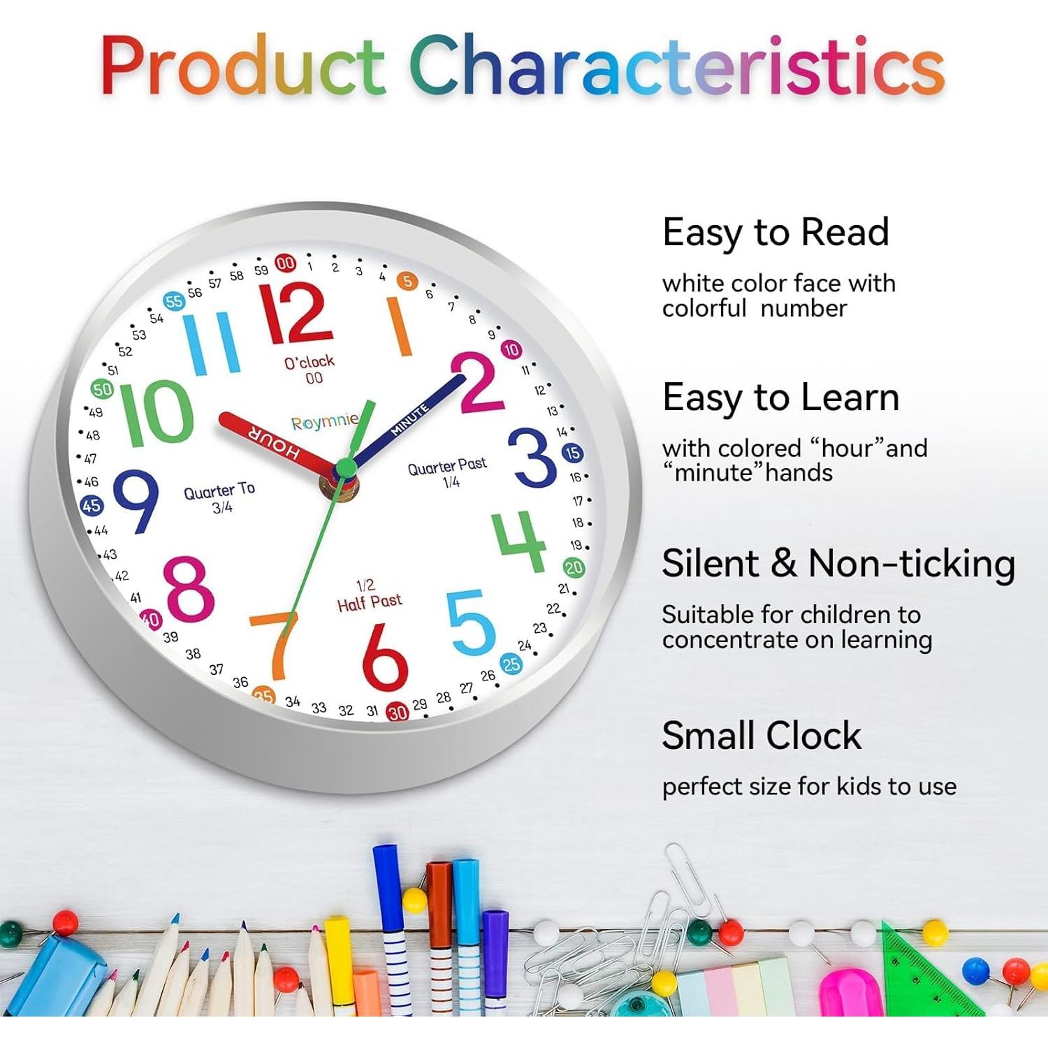 Reloj de Pared Silencioso Roymnie 30.48 cm Colorido para Niños
