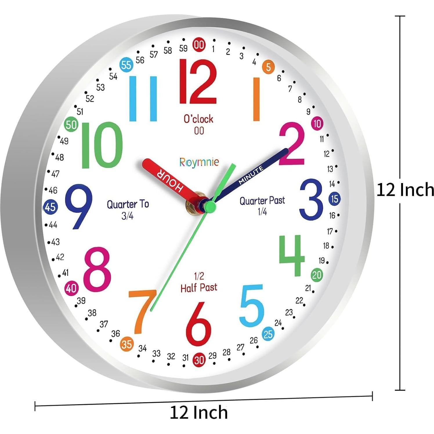 Reloj de Pared Silencioso Roymnie 30.48 cm Colorido para Niños