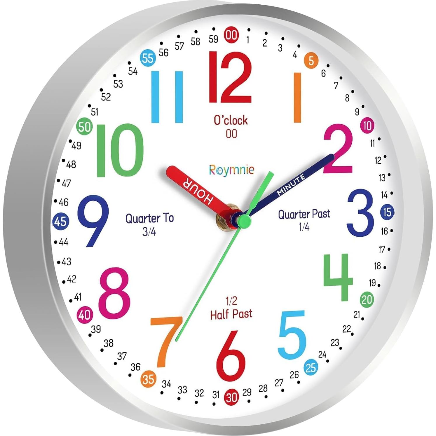 Reloj de Pared Silencioso Roymnie 30.48 cm Colorido para Niños