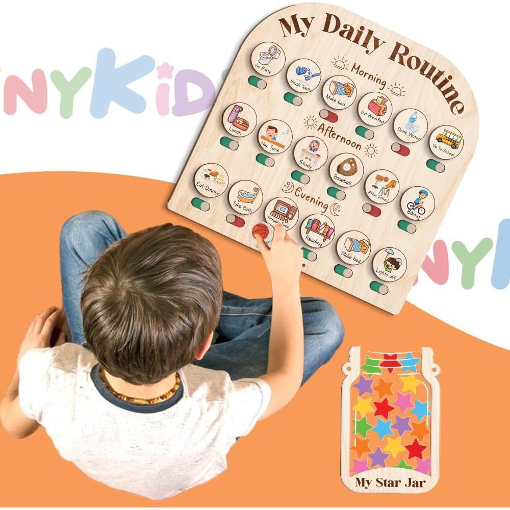 Tabla de Rutina Diaria de Madera TinyKidz con Tarro de Recompensas