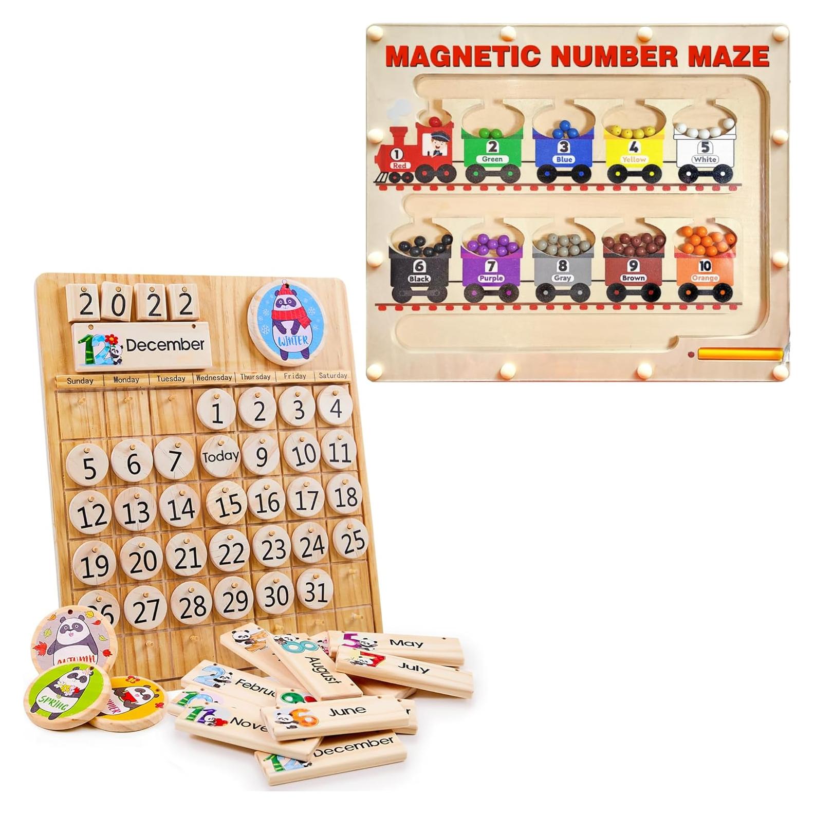 Conjunto de Juguetes Montessori Panda Brothers - Laberinto y Calendario de Madera