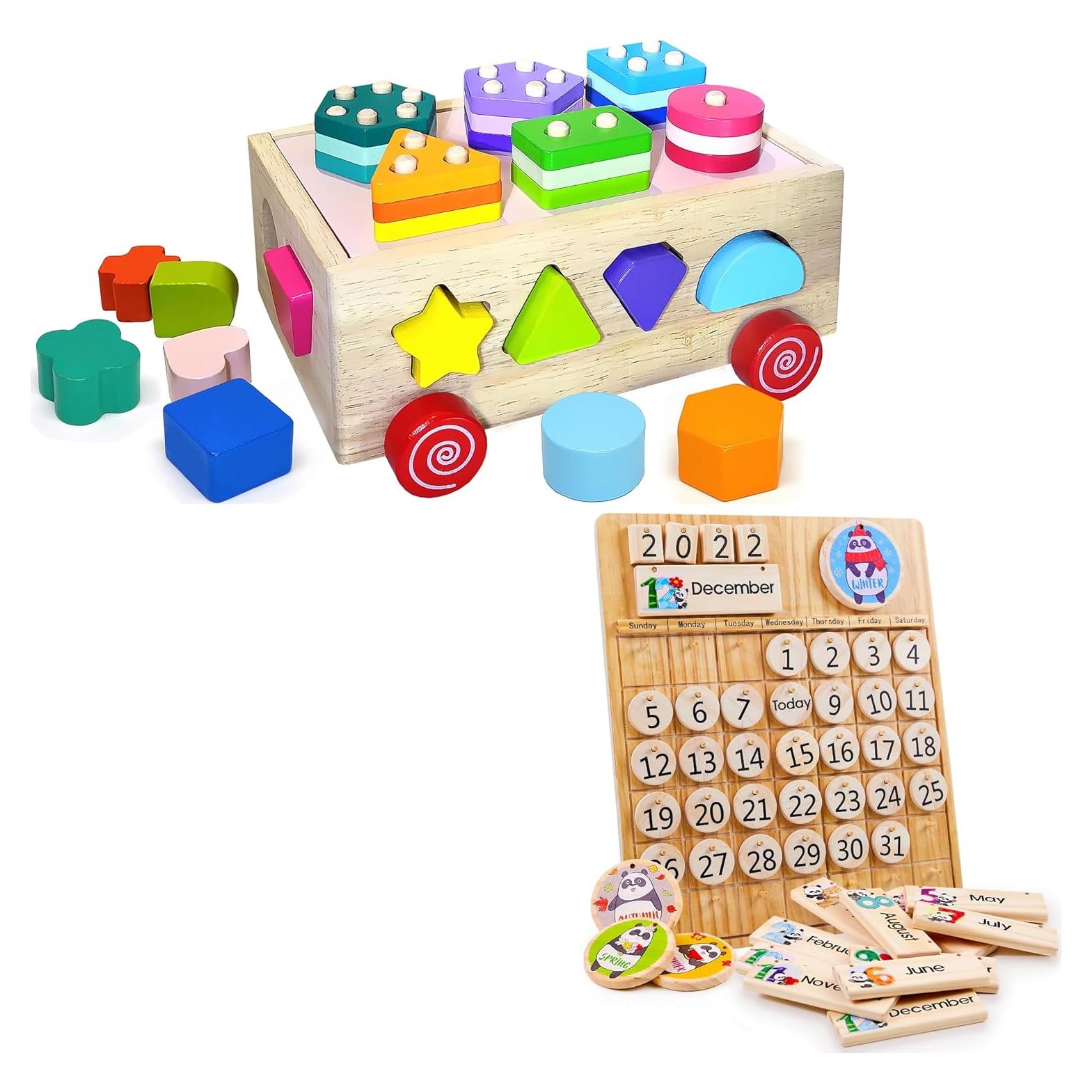 Conjunto de Juguetes Montessori Panda Brothers - Clasificador de Formas y Calendario de Madera