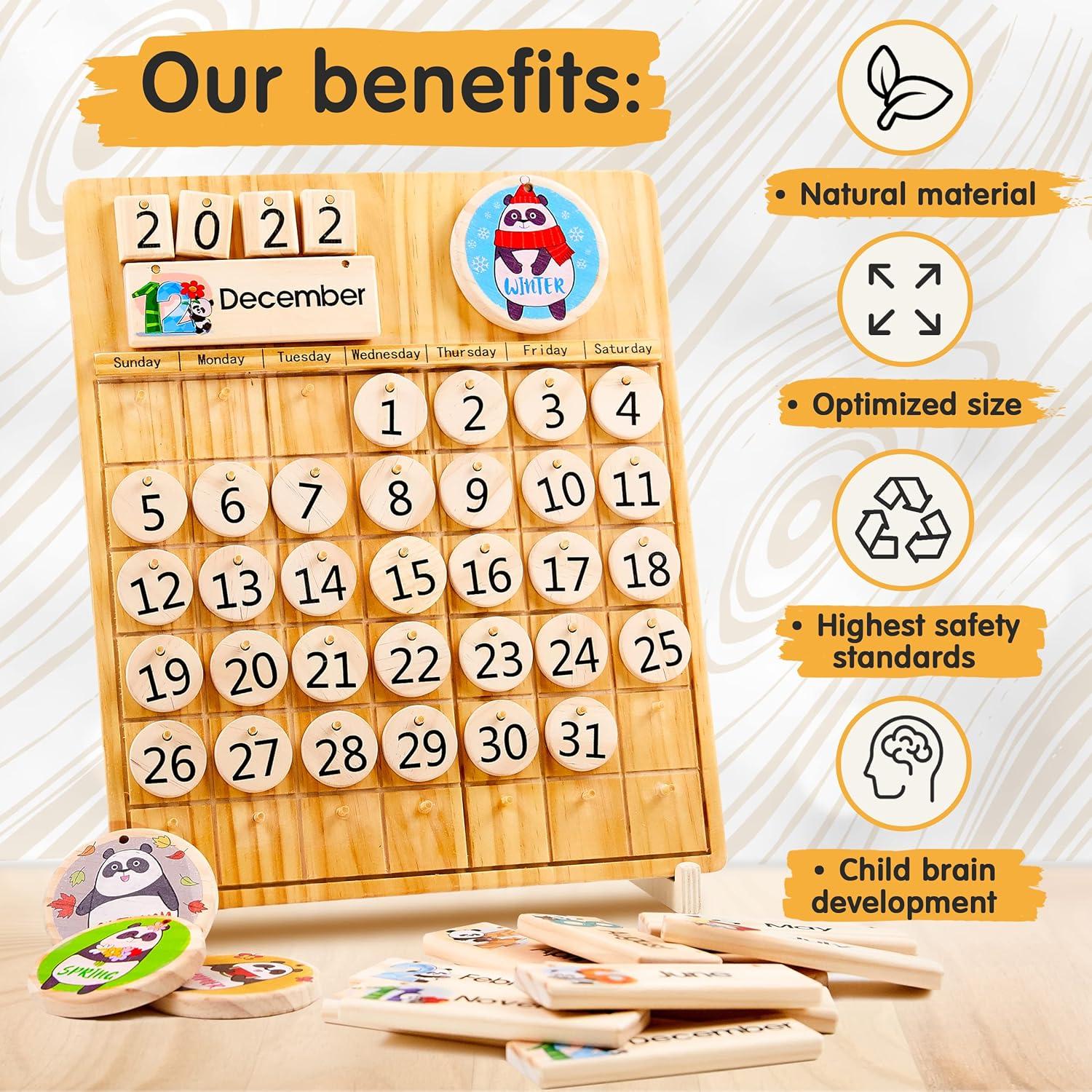 Conjunto de Juguetes Montessori Panda Brothers - Clasificador de Formas y Calendario de Madera