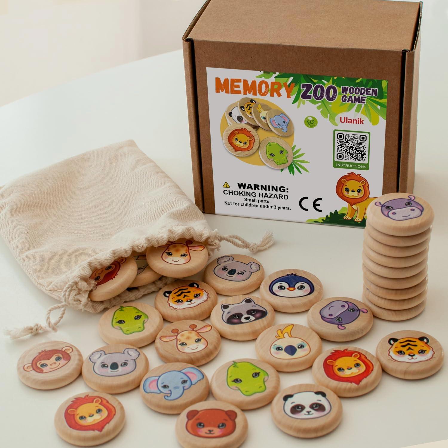 Juego de Memoria de Animales Salvajes Ulanik - 30 Fichas de Madera